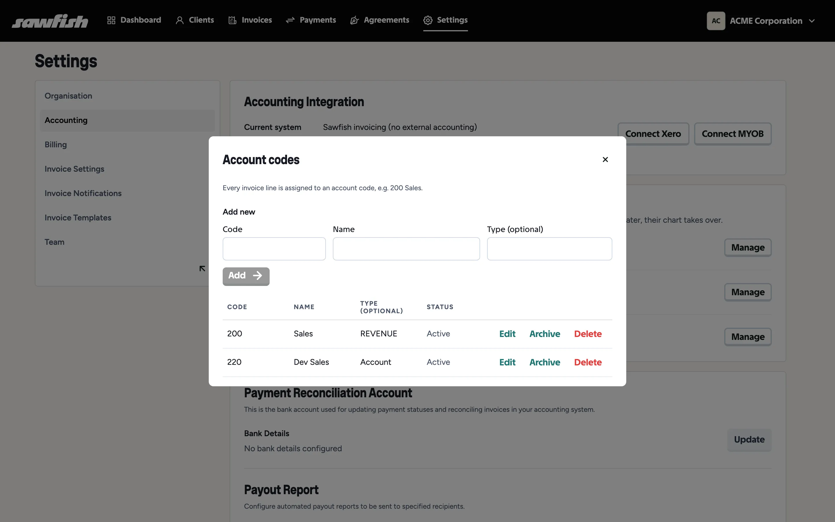 The Account codes editor, one of the Manage screens in standalone mode