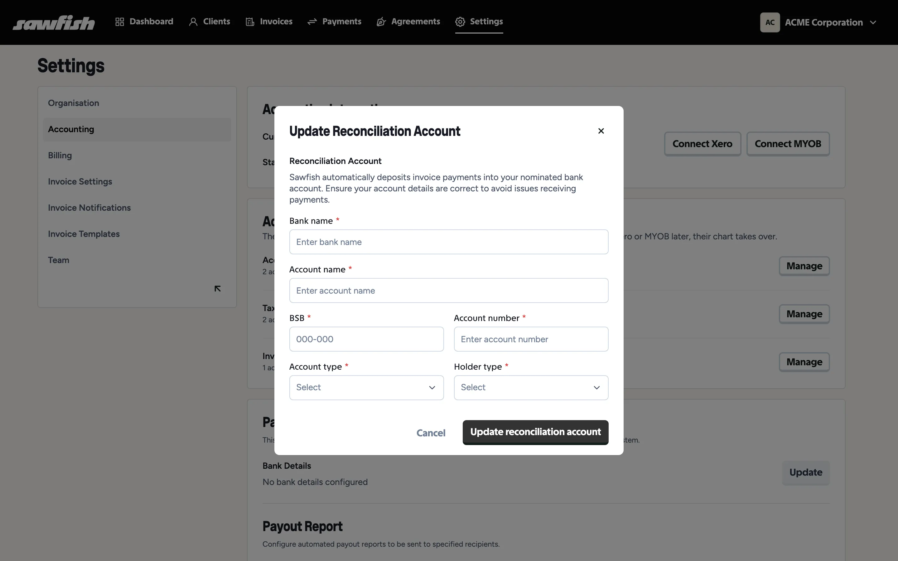 The Update Reconciliation Account form with bank name, BSB and account fields
