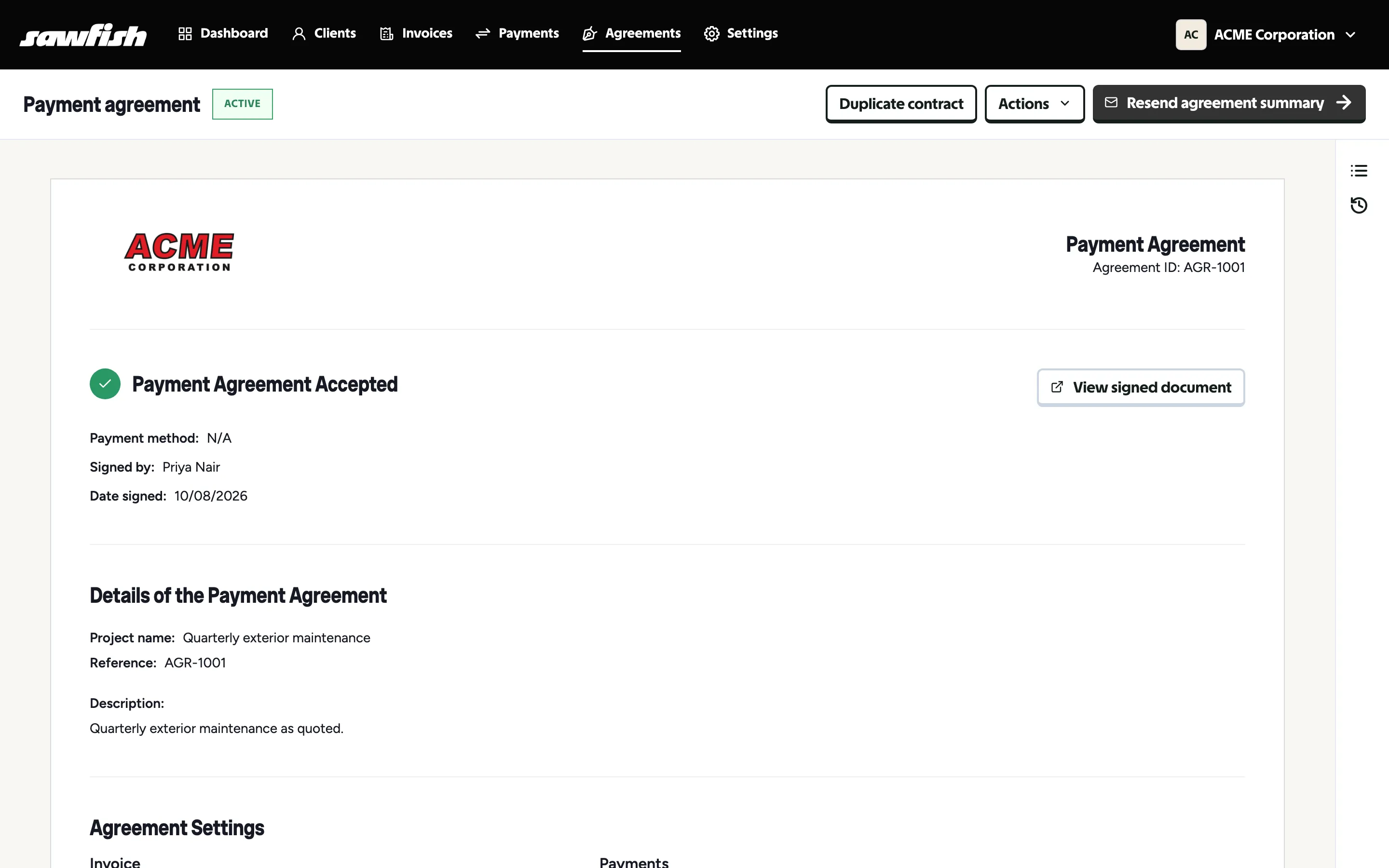 An active agreement showing the accepted status, signer, and agreement details