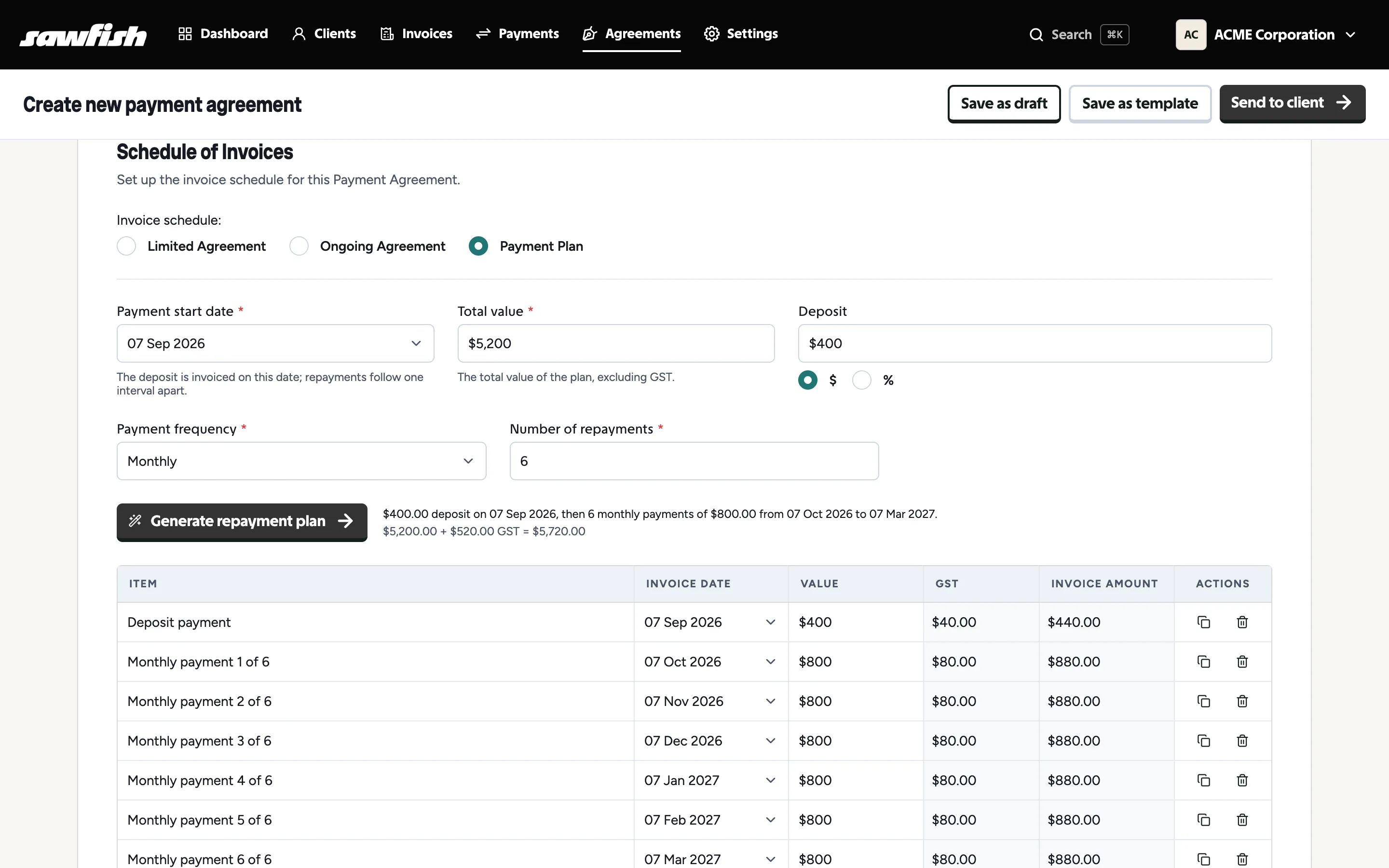 The Payment Plan schedule in the agreement form, with a generated deposit and six monthly repayments