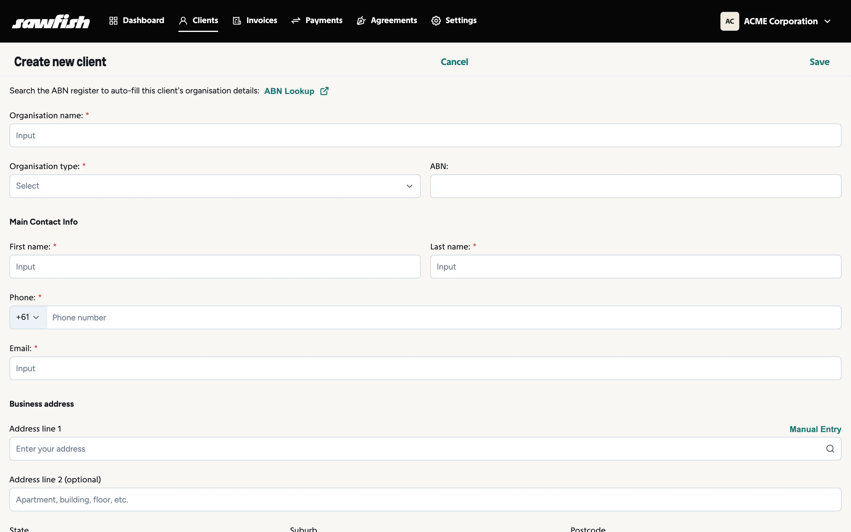 The create client form