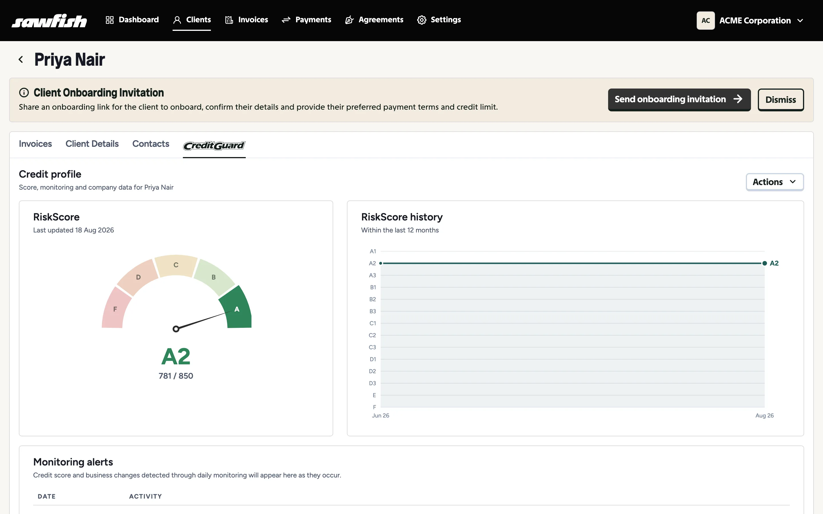 A client’s CreditGuard tab showing the RiskScore gauge and history