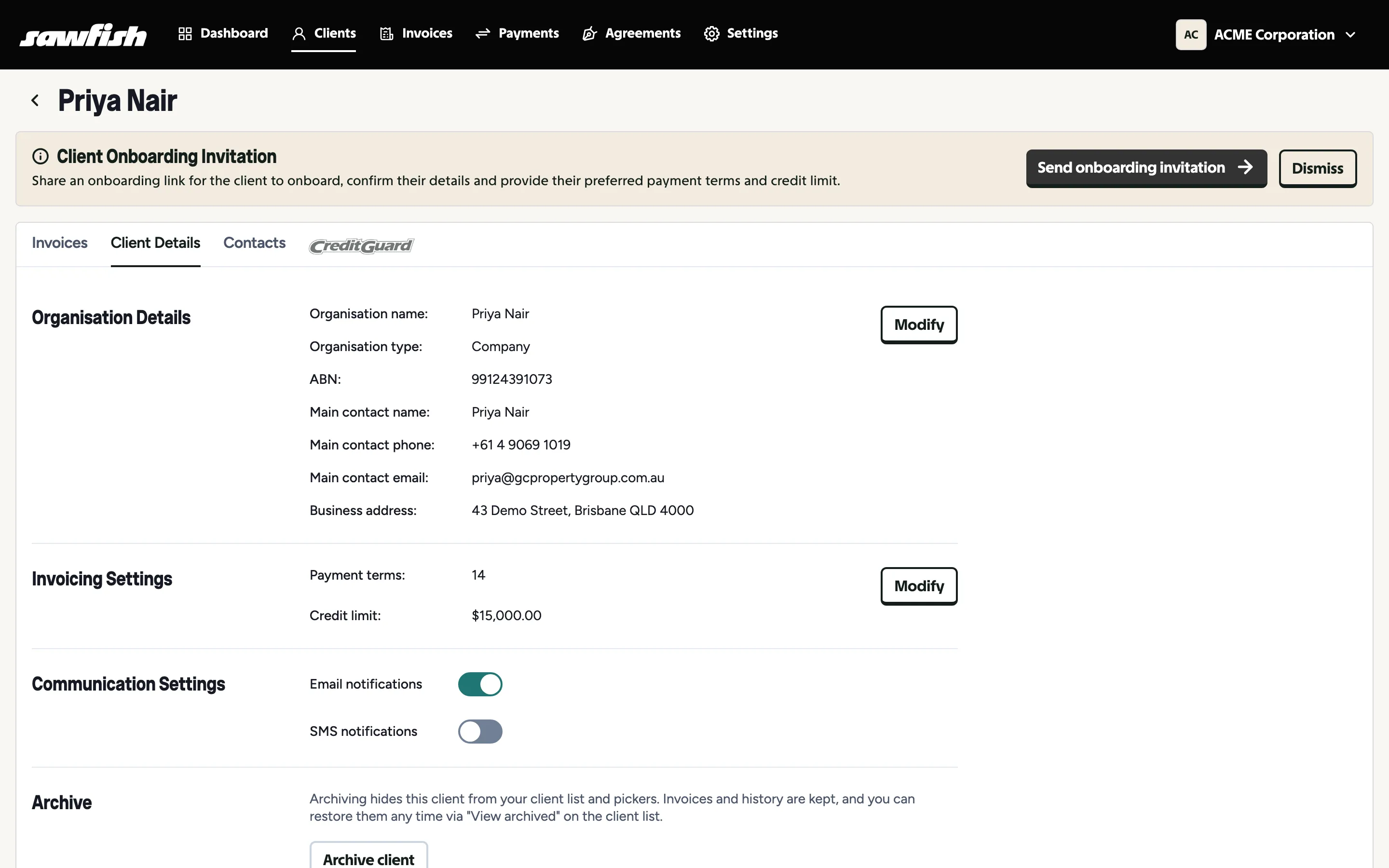 The client details tab showing organisation details, invoicing settings and communication settings