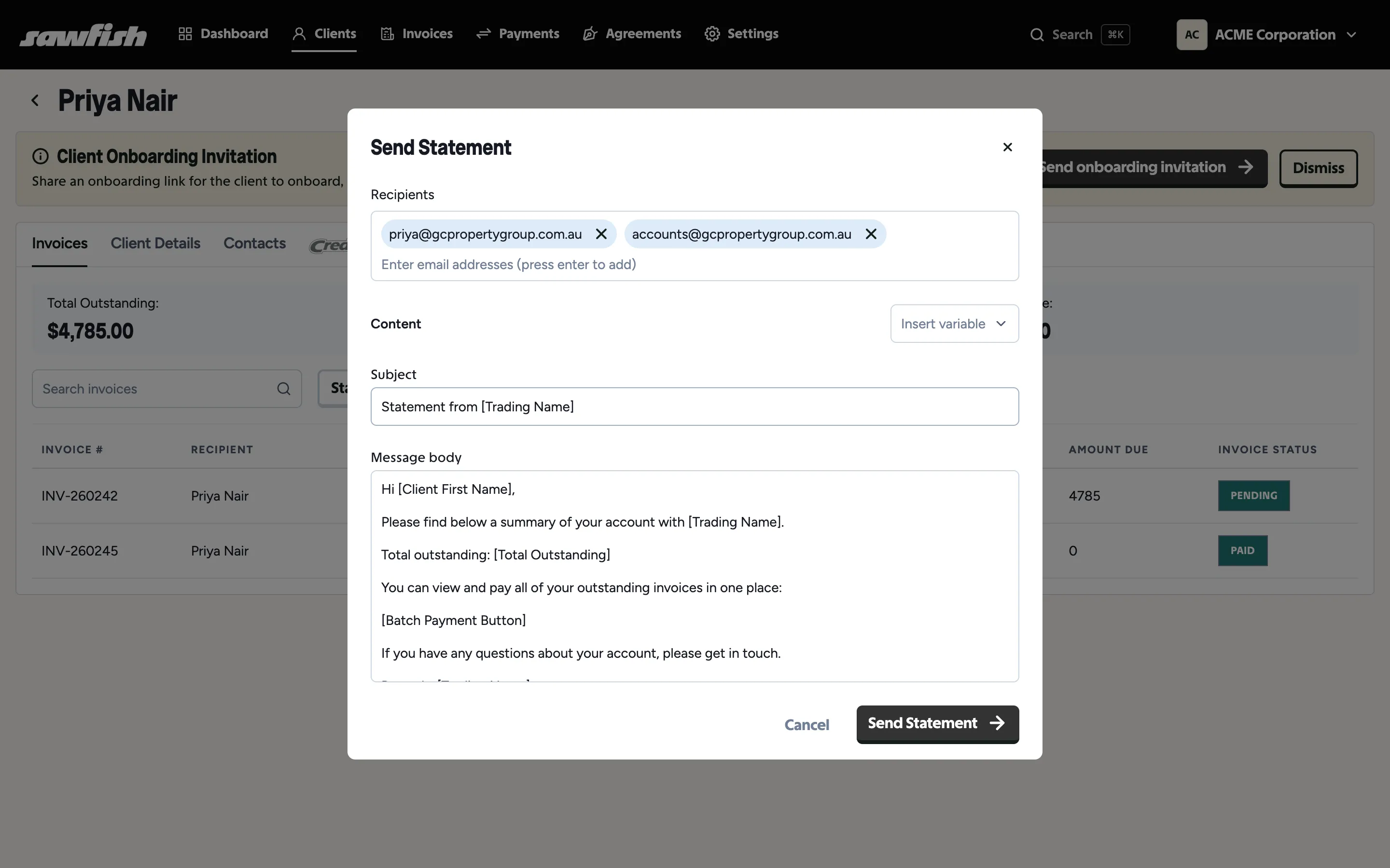 The Send Statement modal on a client, with recipients, the template subject and body, and statement variables