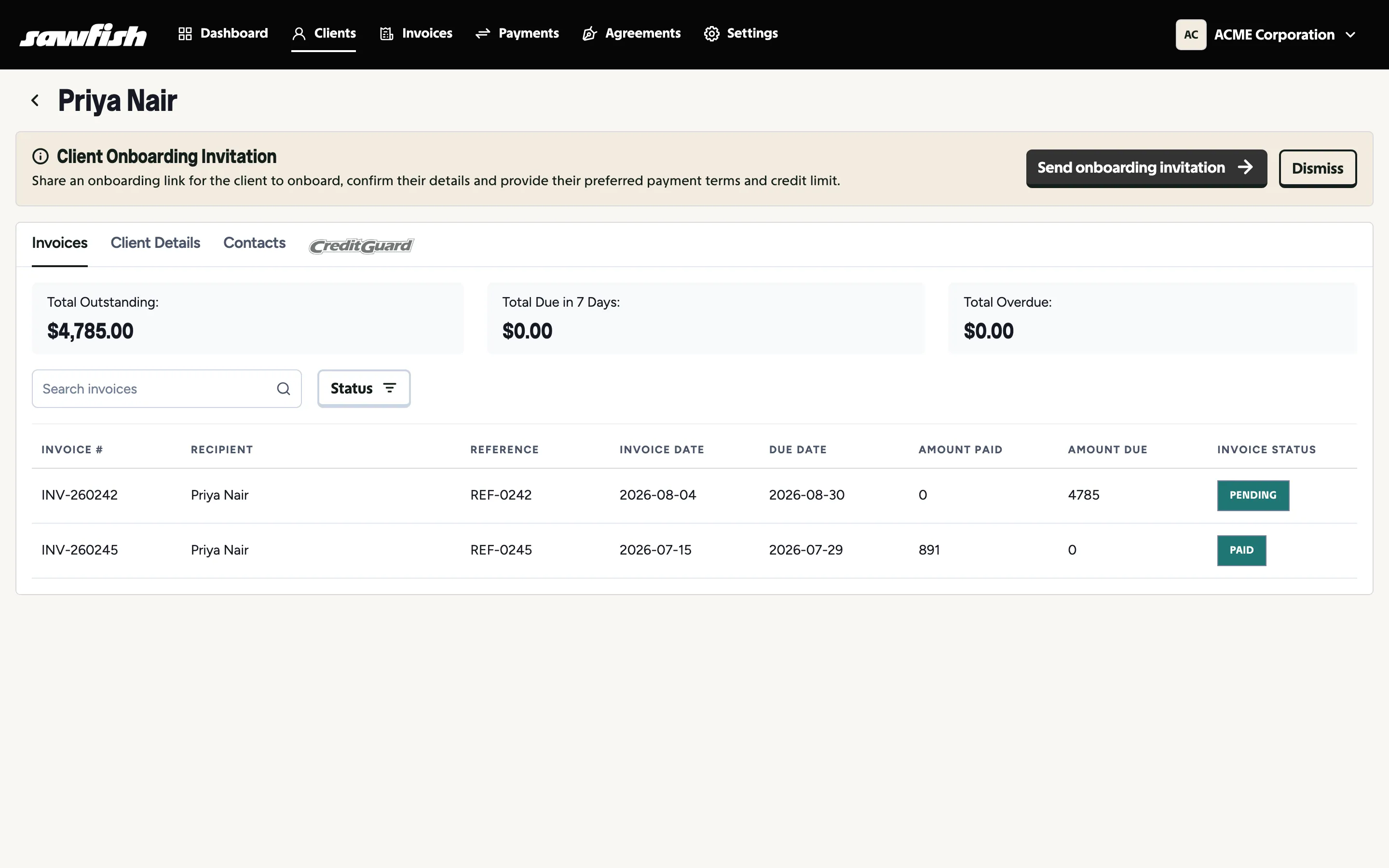 A client’s invoices tab with outstanding totals