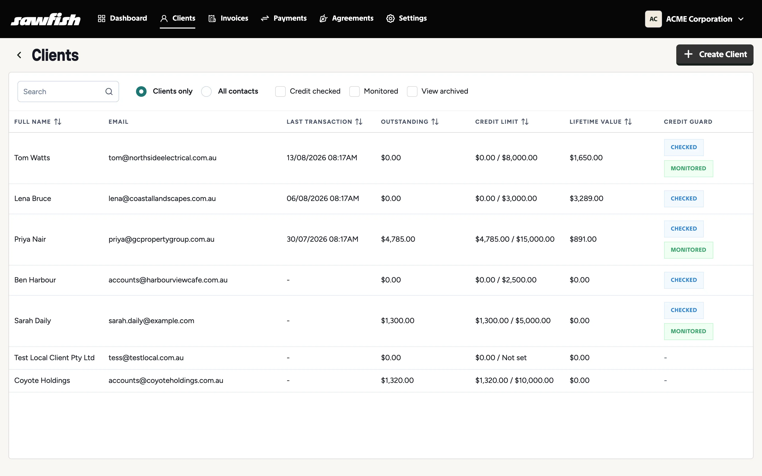 The client list with CreditGuard badges and filters