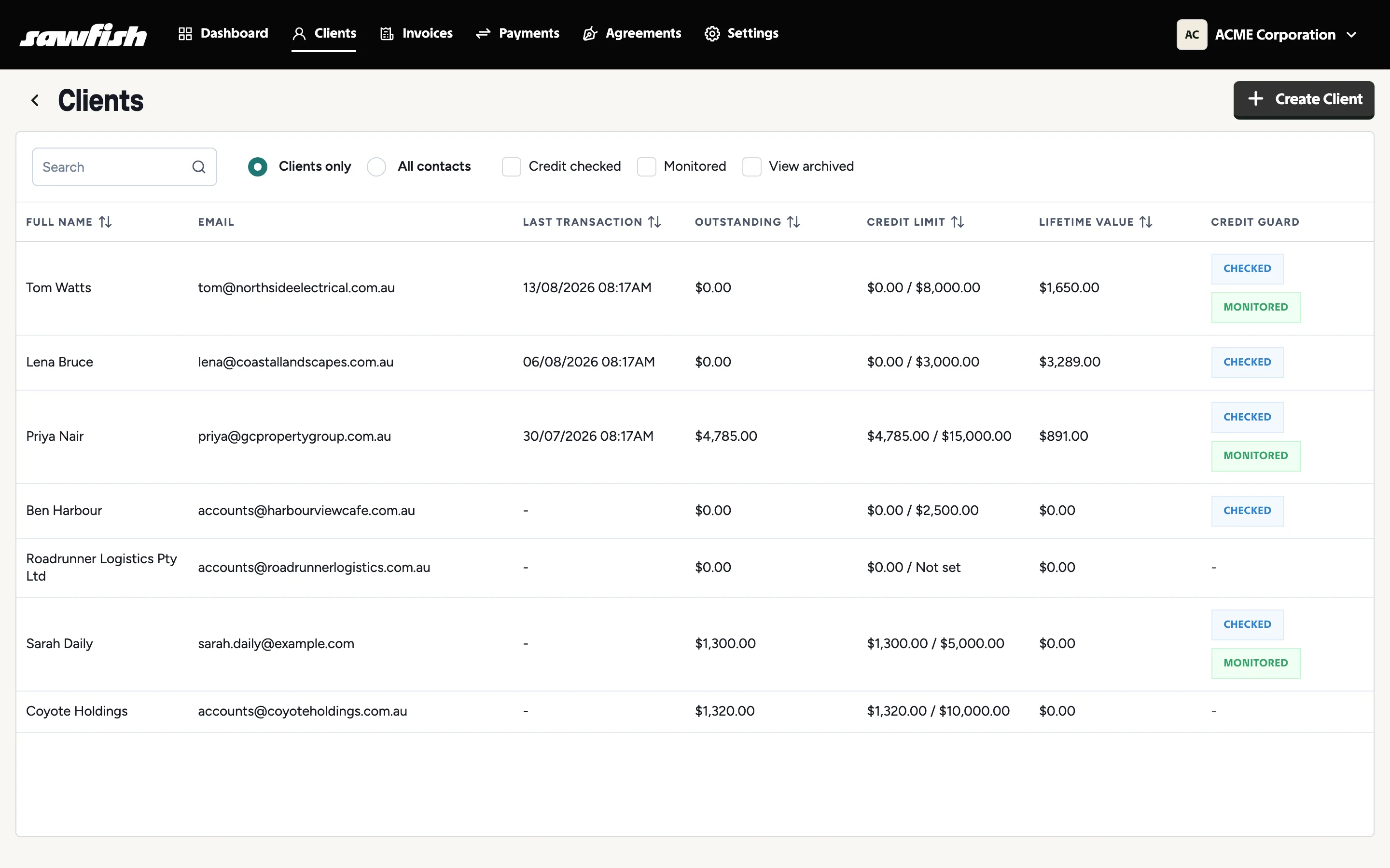 The client list with CreditGuard badges and filters