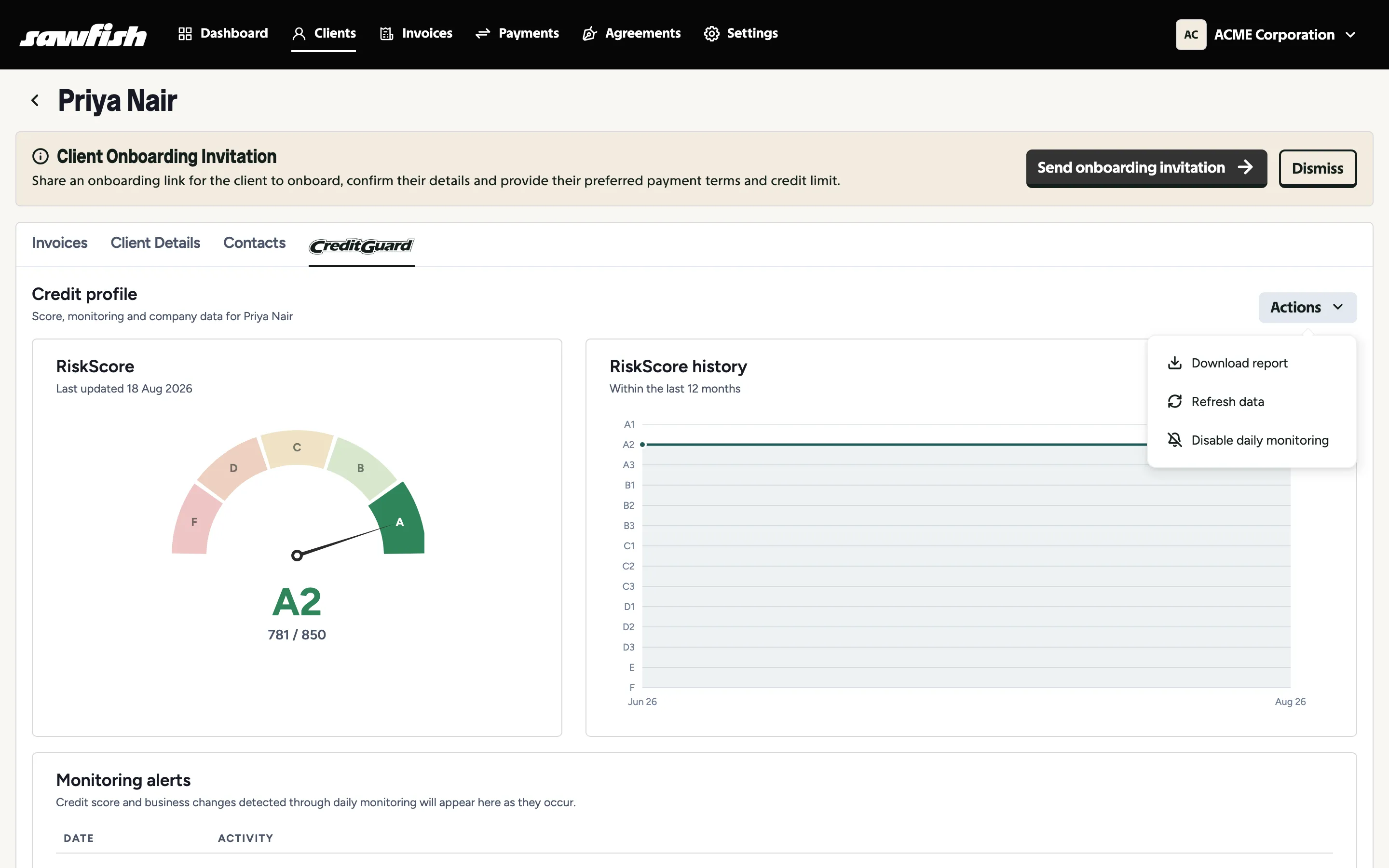 The Actions menu with Download report, Refresh data and monitoring controls