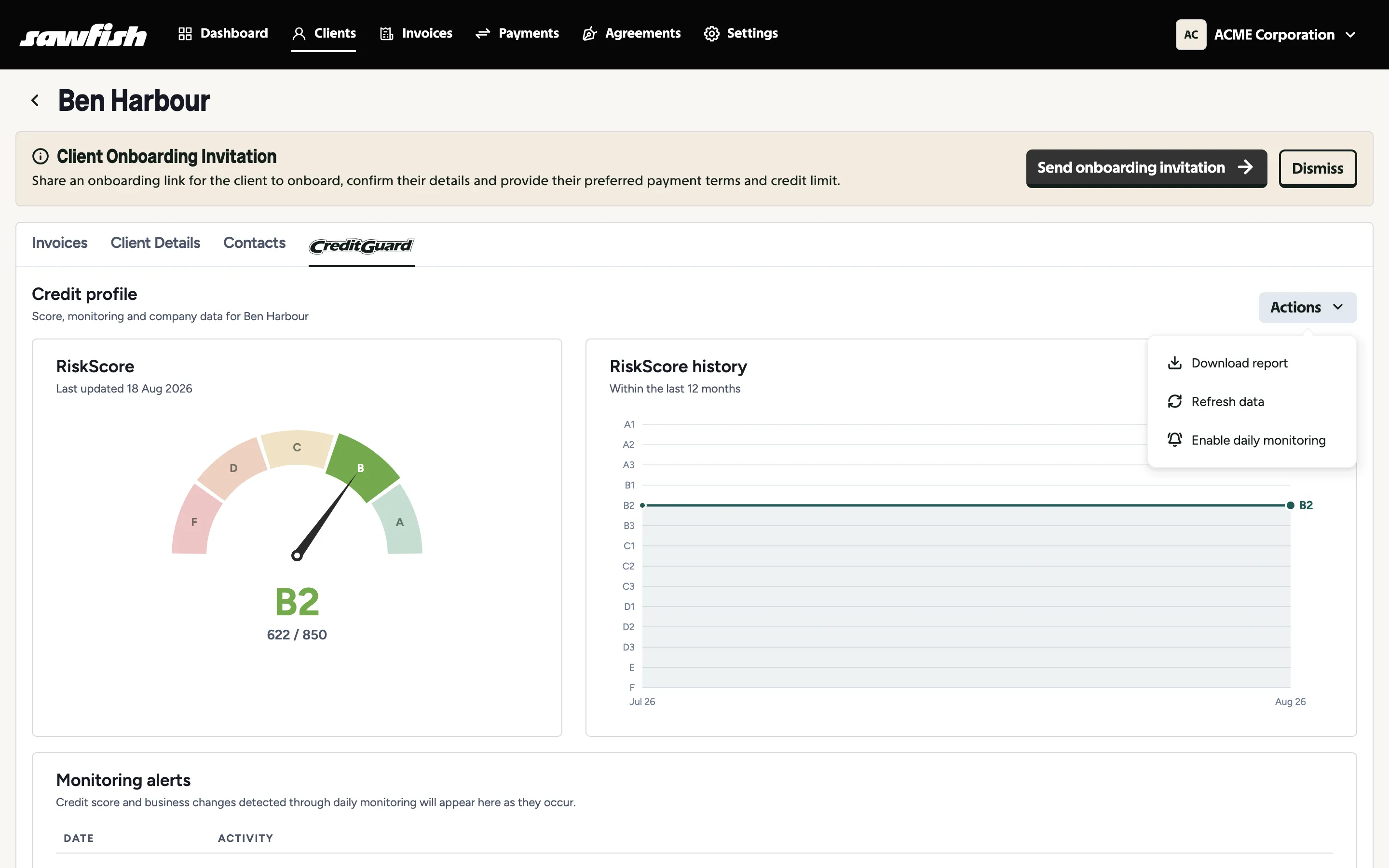 The Actions menu with Enable daily monitoring