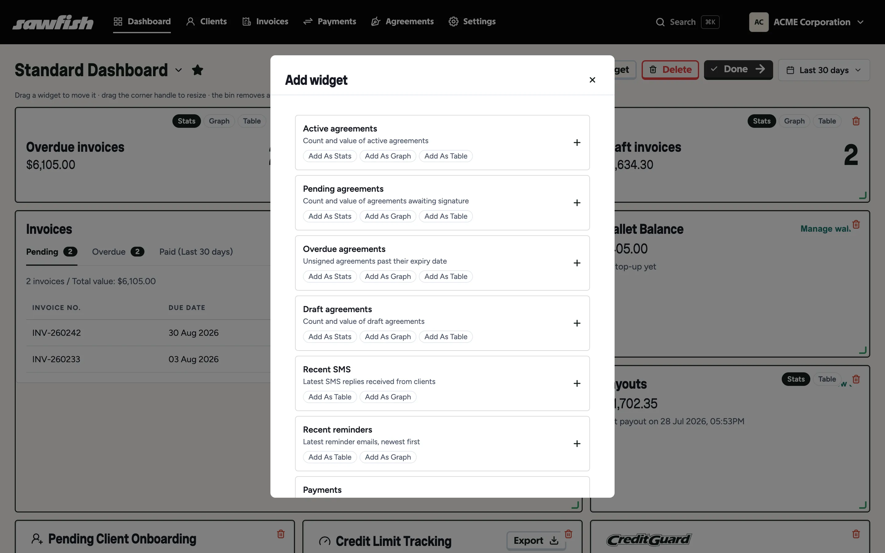The Add widget library over a dashboard in edit mode, with per-widget Stats, Graph and Table options