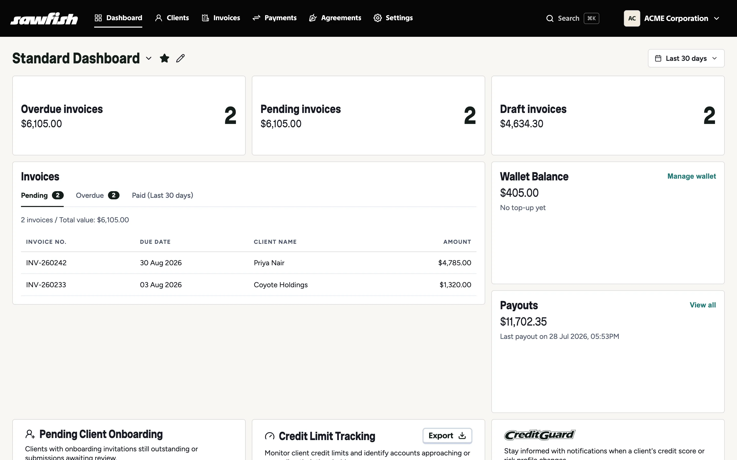 The Standard Dashboard with invoice, wallet, payouts and CreditGuard widgets
