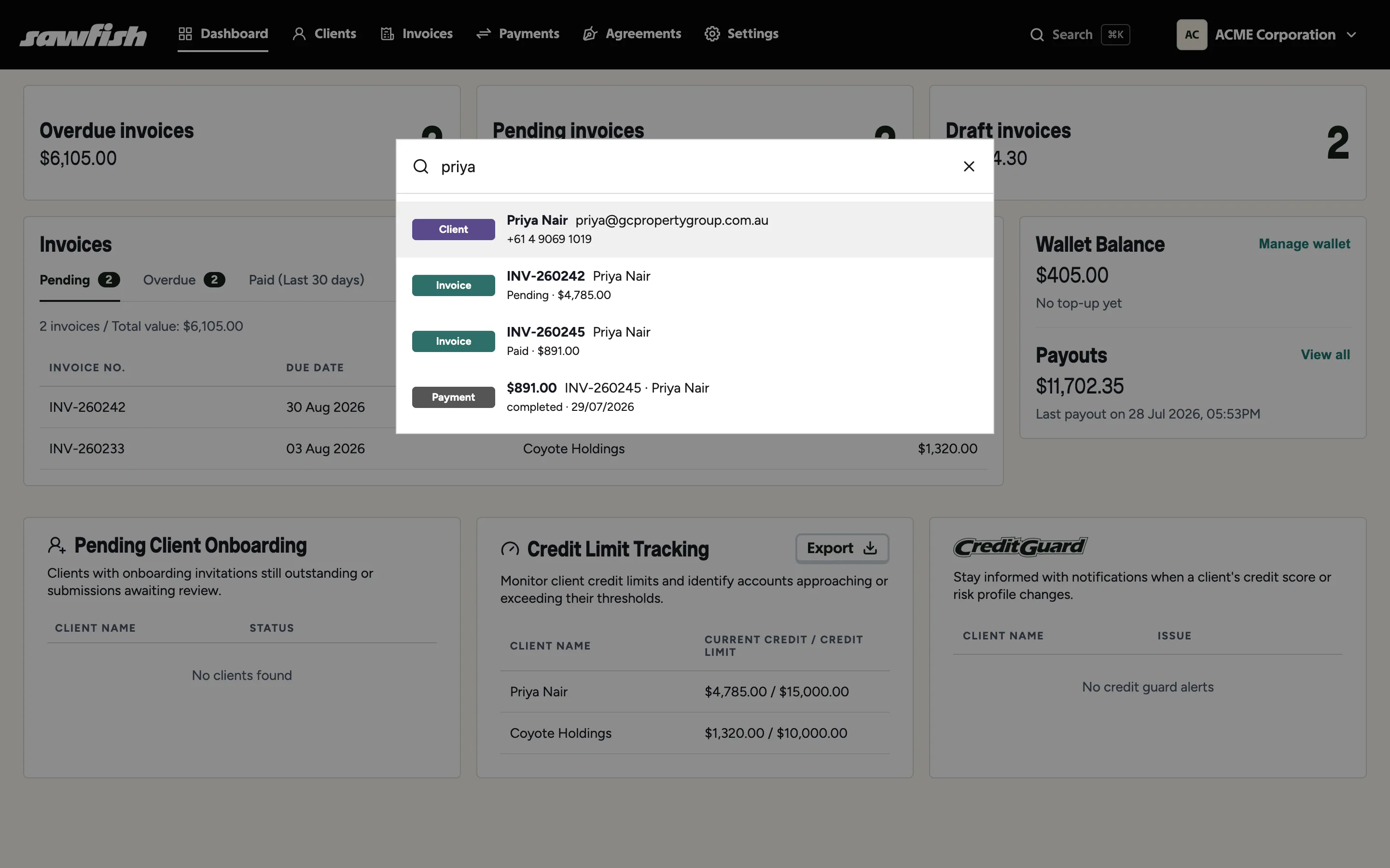 The global search palette open over the dashboard, showing client, invoice and payment results for a search