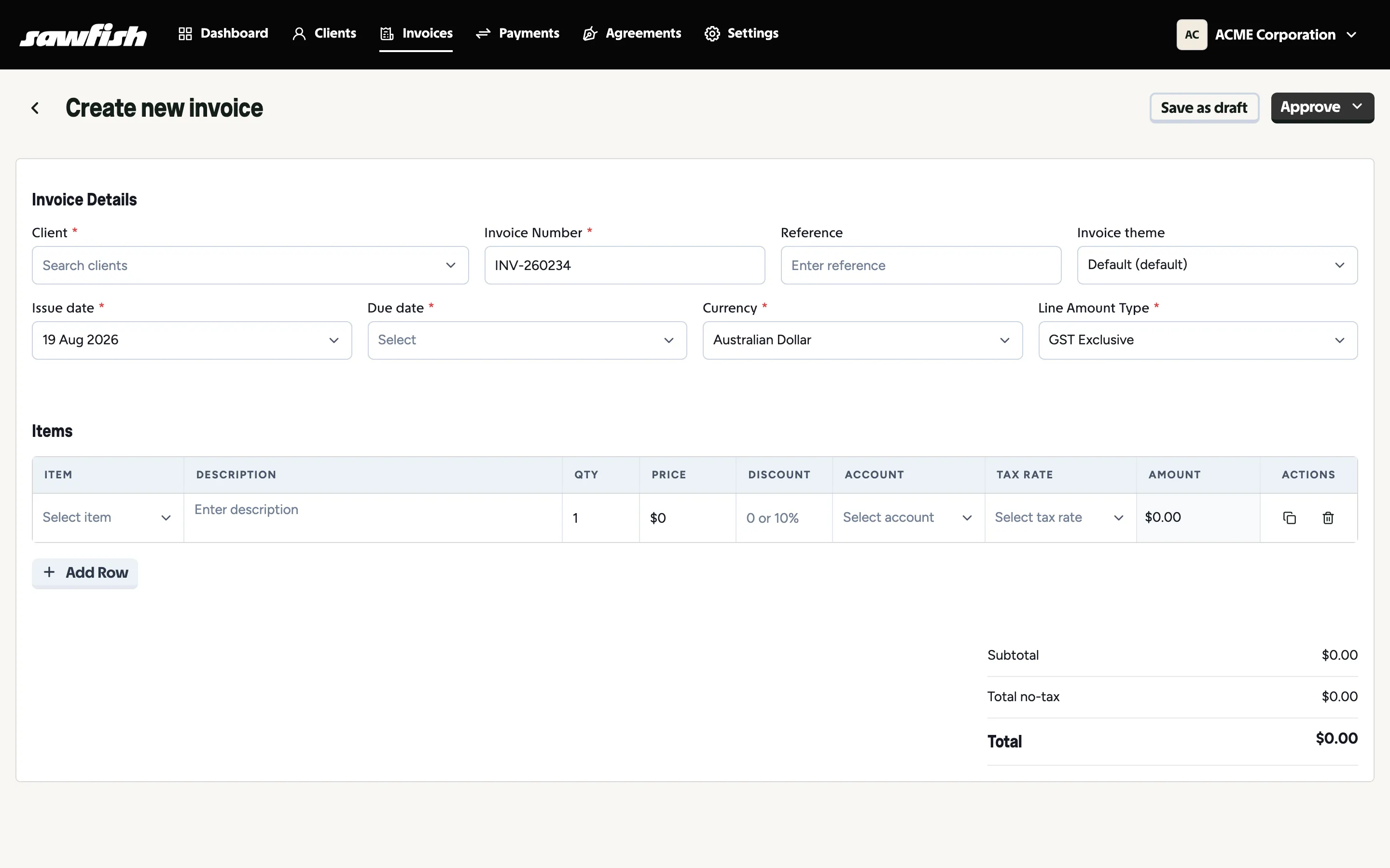 The create new invoice screen