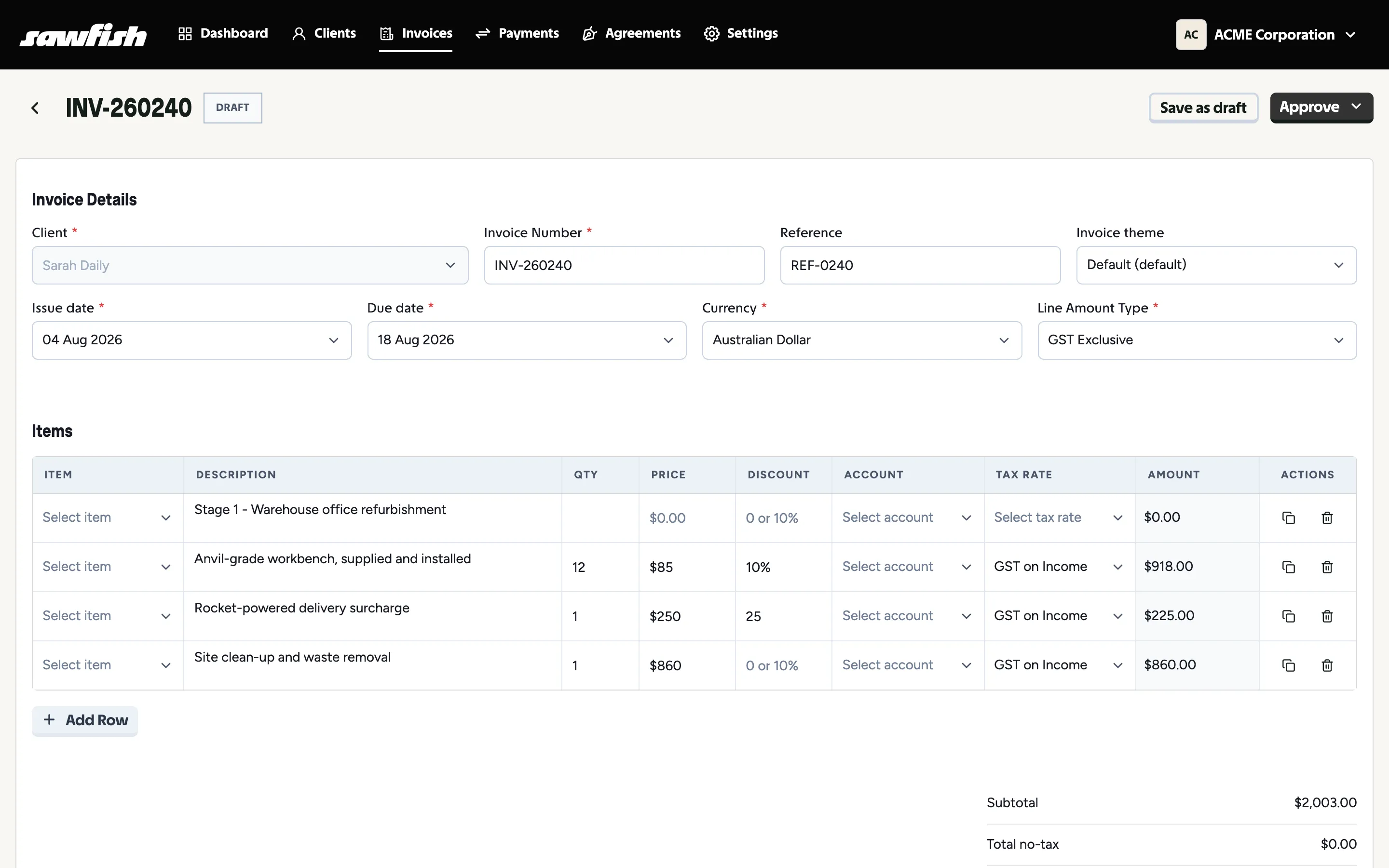 A draft invoice in the editor with line items, discounts and live totals