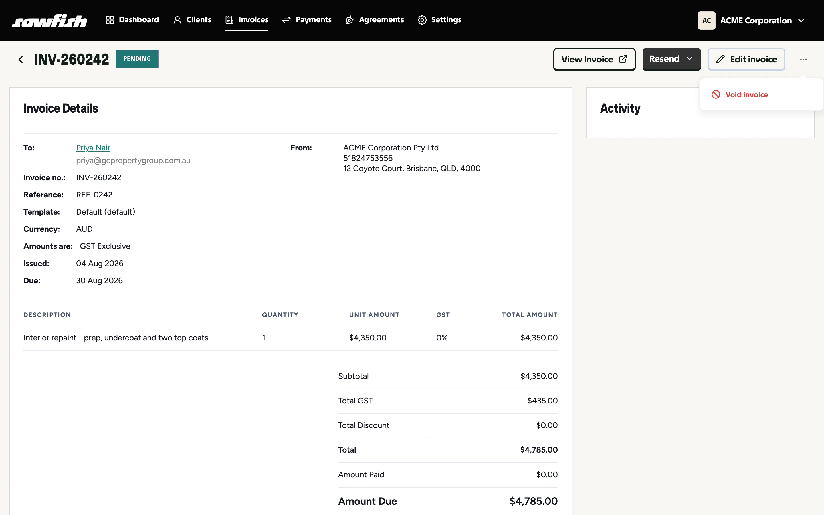 The invoice header menu with Void invoice