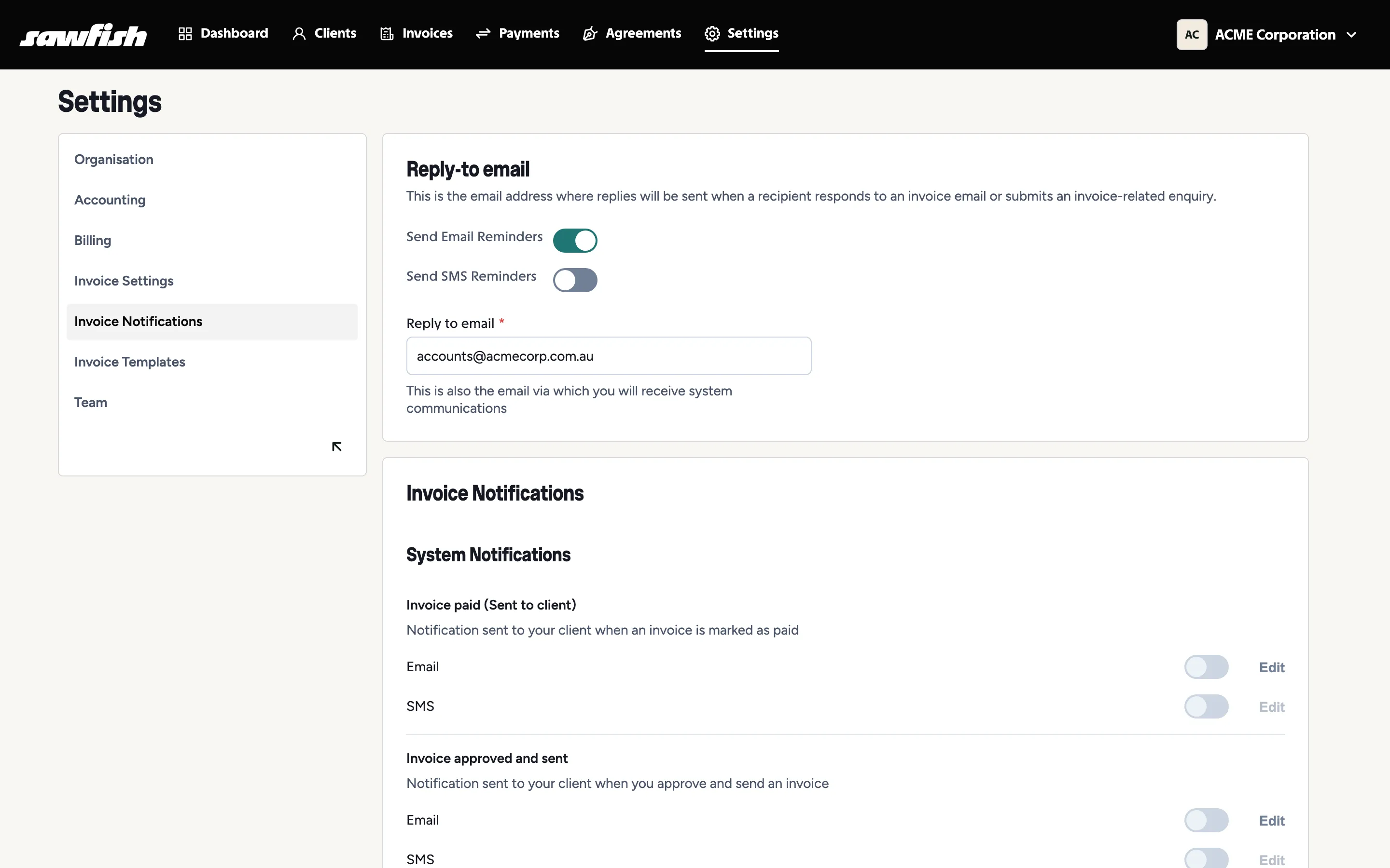 Invoice notification settings with reminder toggles and the reply-to email