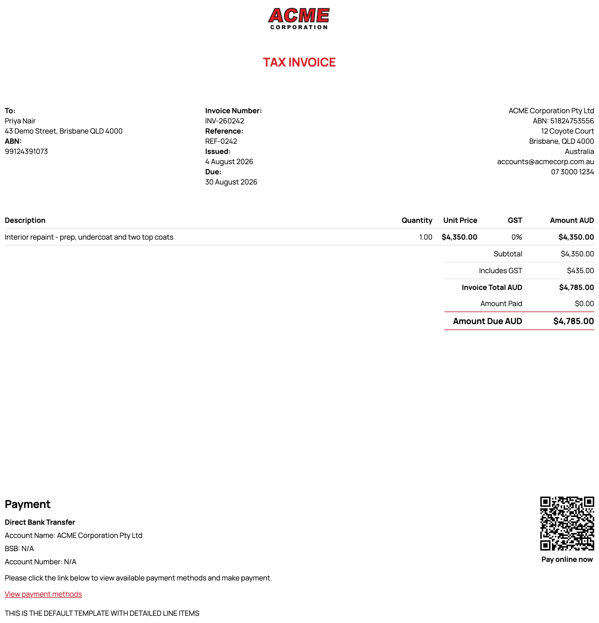 The invoice document - branding, line items, totals, payment details and QR code
