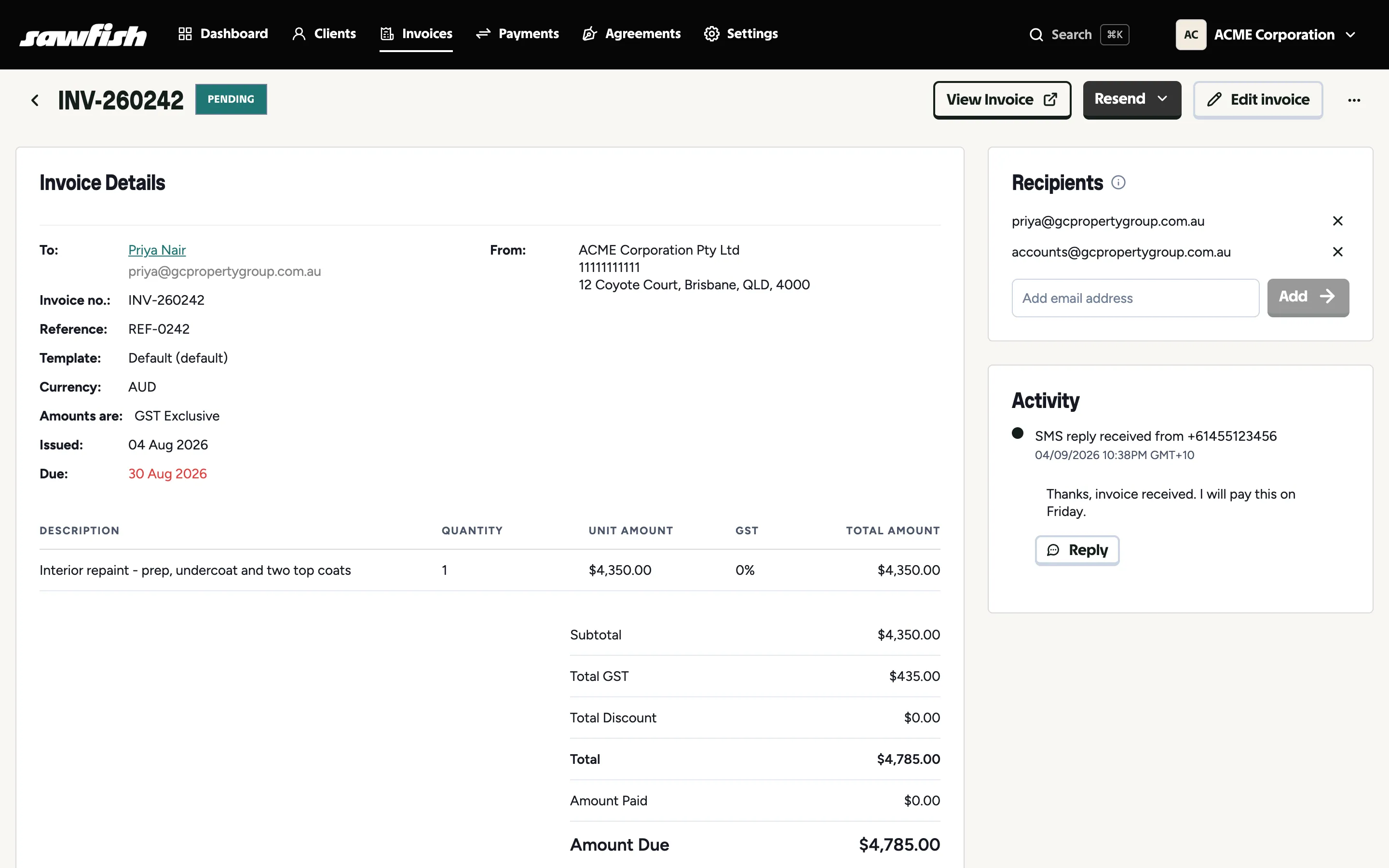 An invoice’s Activity panel showing an inbound SMS reply with its message and a Reply button
