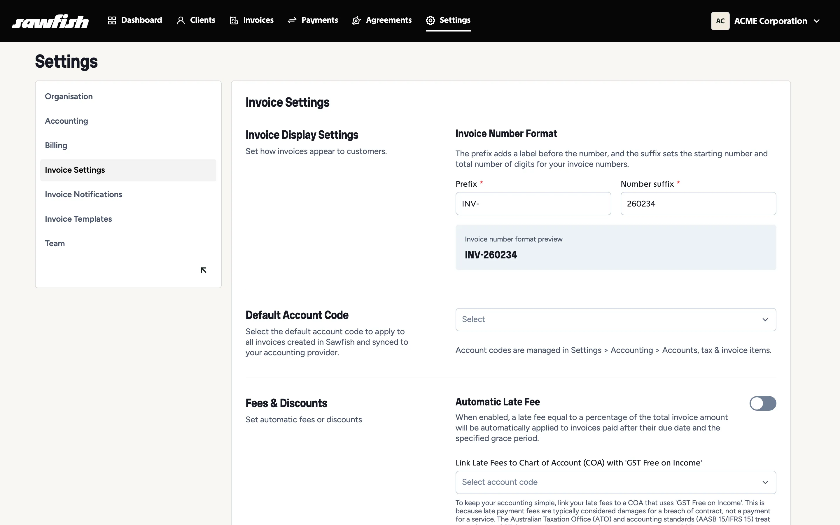 Invoice settings