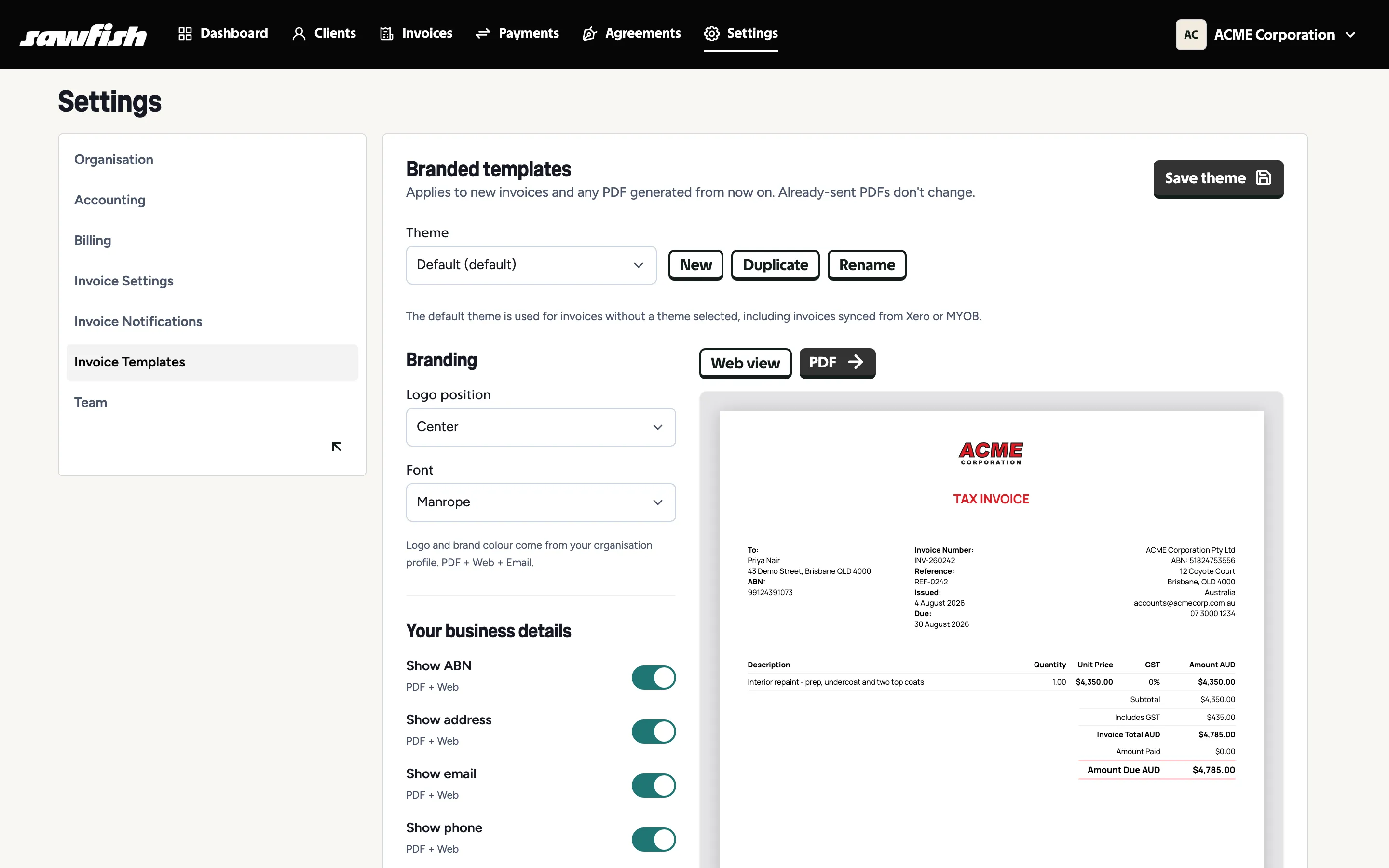 Invoice templates settings