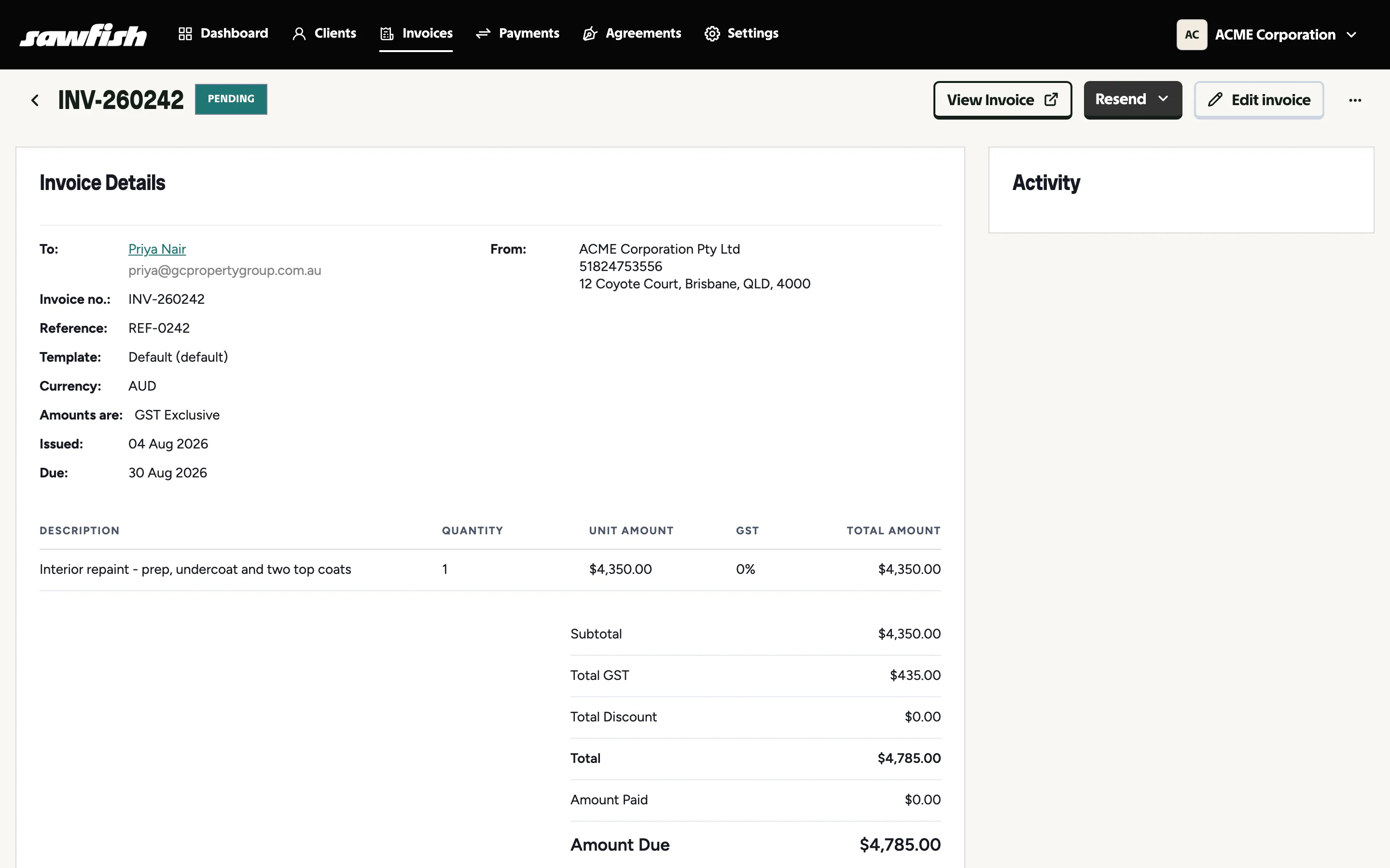 An approved pending invoice with View Invoice, Resend and Edit invoice actions