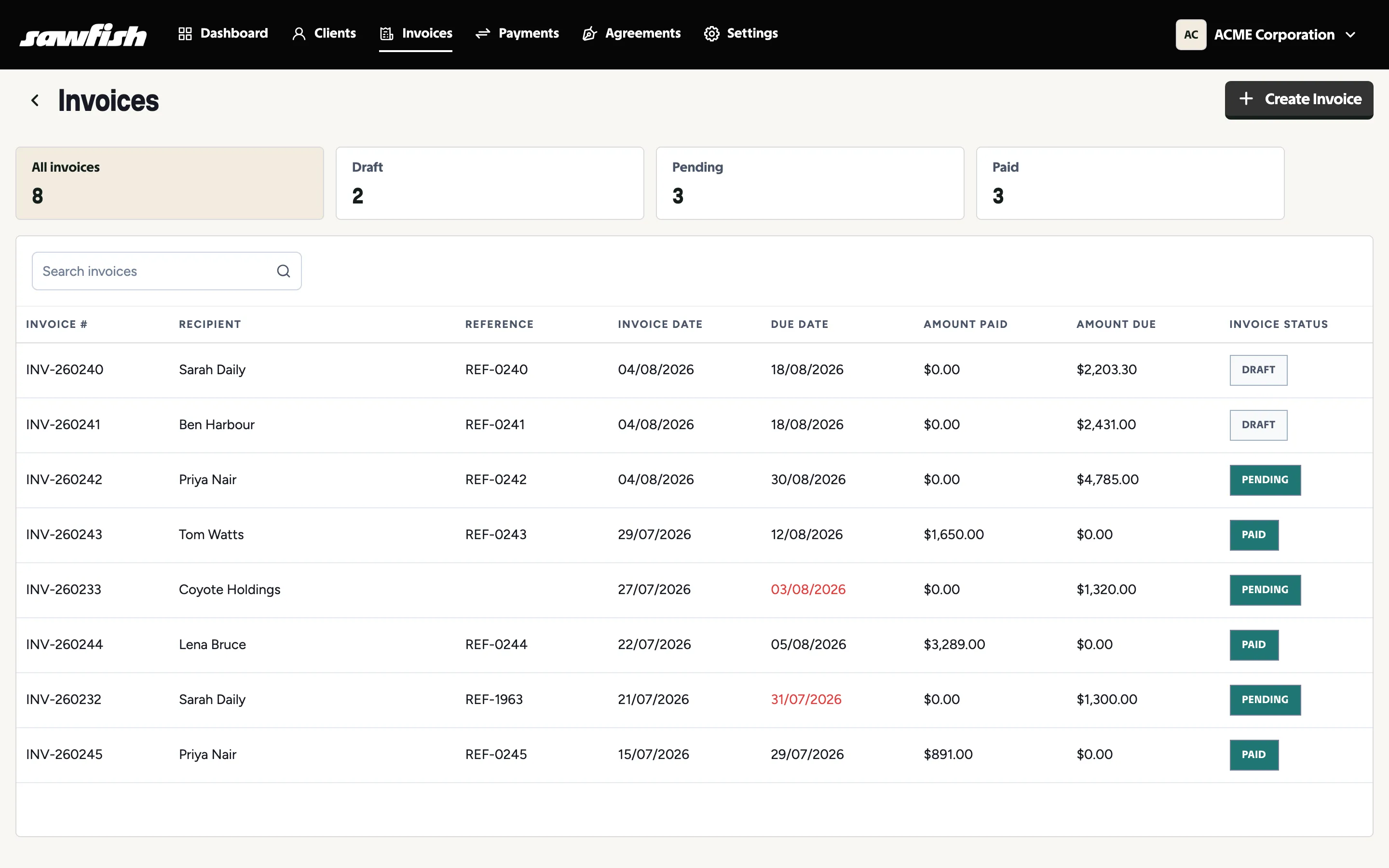 The invoices list with status cards, search and the invoice table