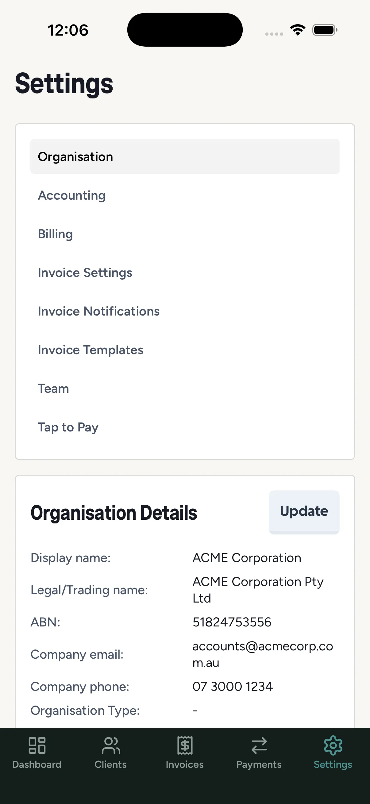 Mobile settings, including the Tap to Pay section