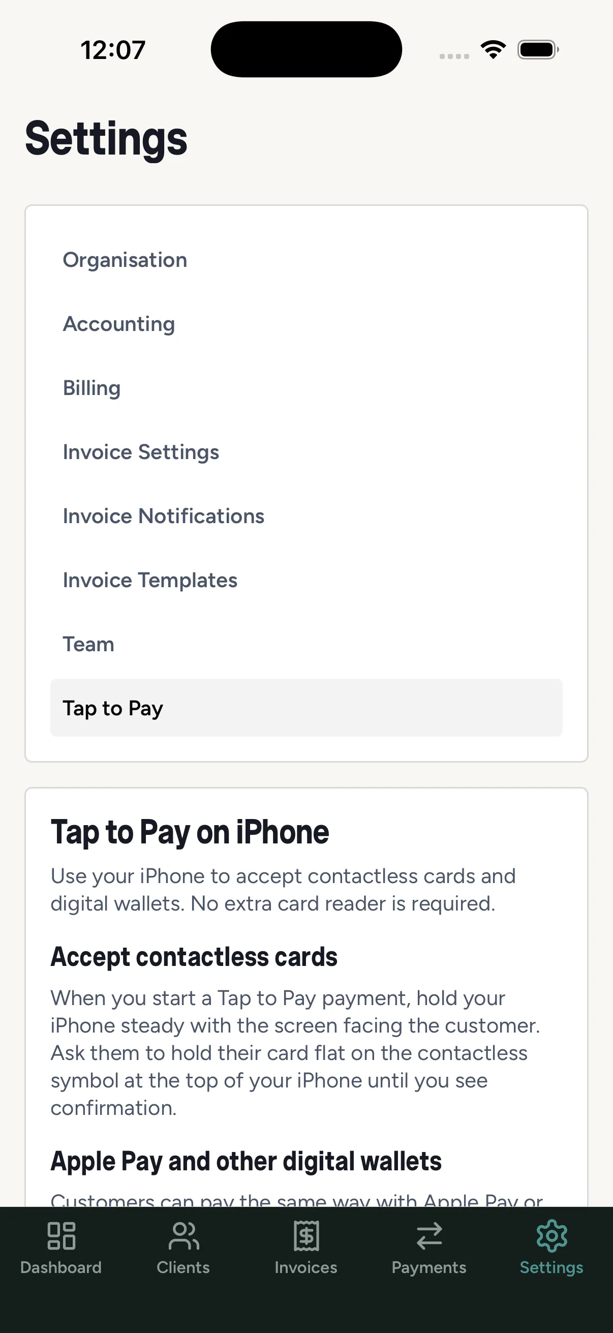 The Tap to Pay settings screen in the mobile app