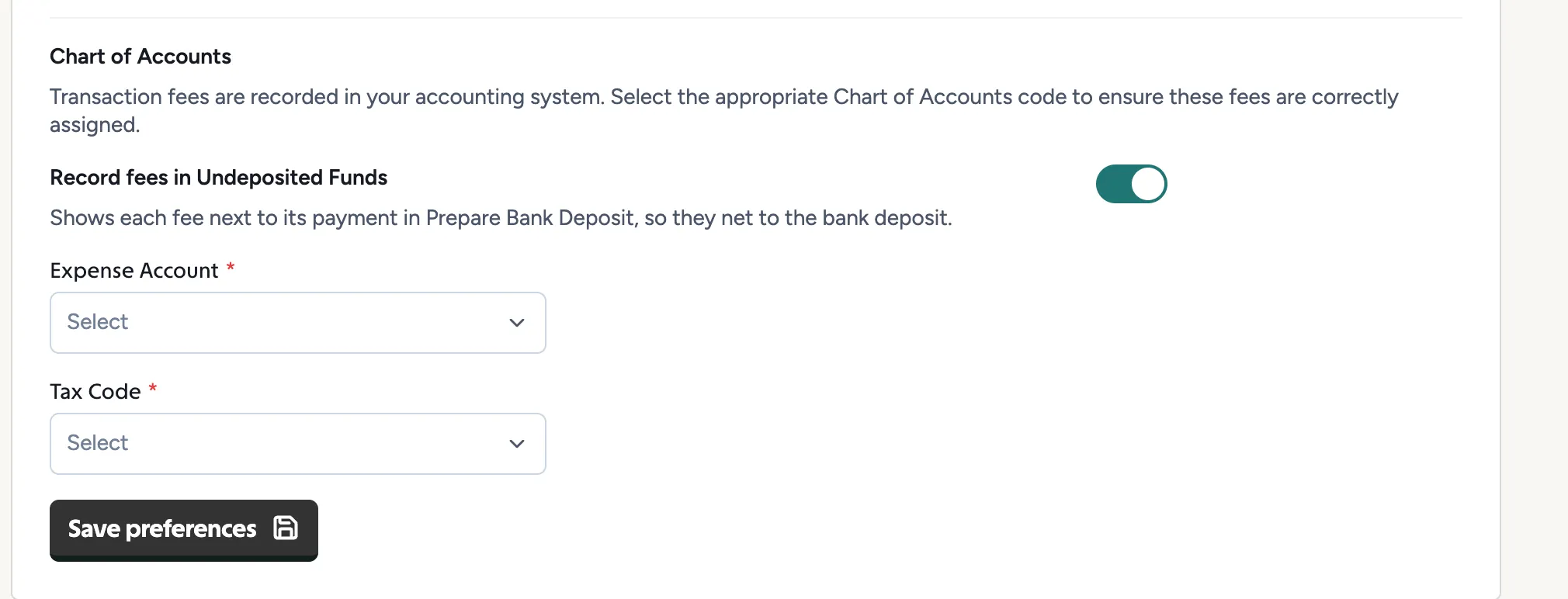 The Record fees in Undeposited Funds toggle above the MYOB expense account and tax code