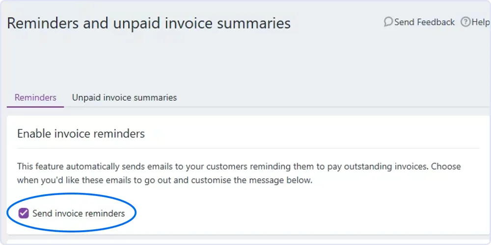MYOB’s reminders setting with Send invoice reminders highlighted