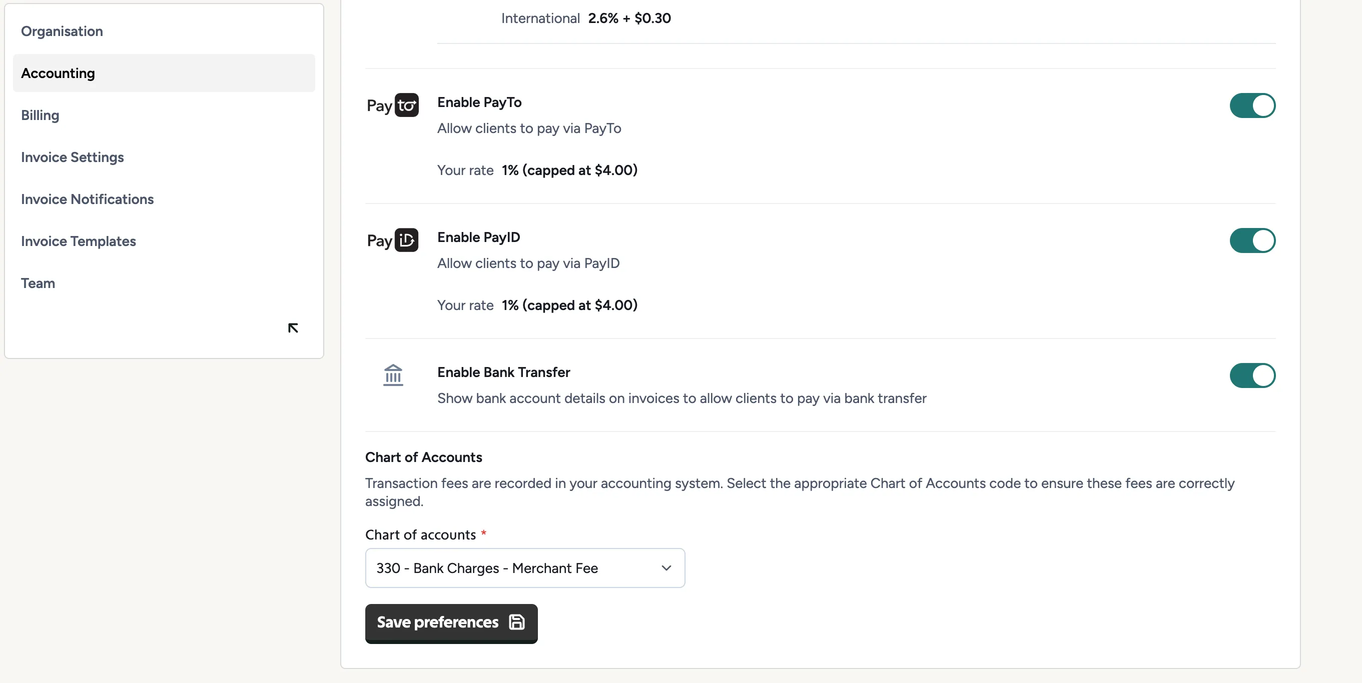 PayTo, PayID and Bank Transfer with their rates, and the Chart of Accounts selector