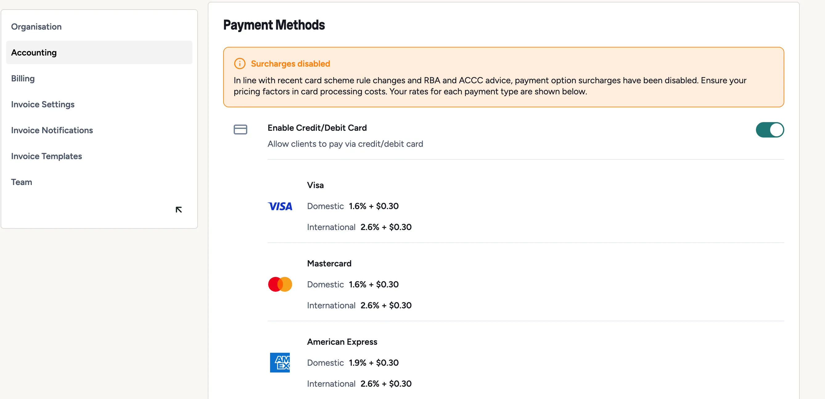 The Payment Methods settings with the Surcharges disabled notice and per-card rates