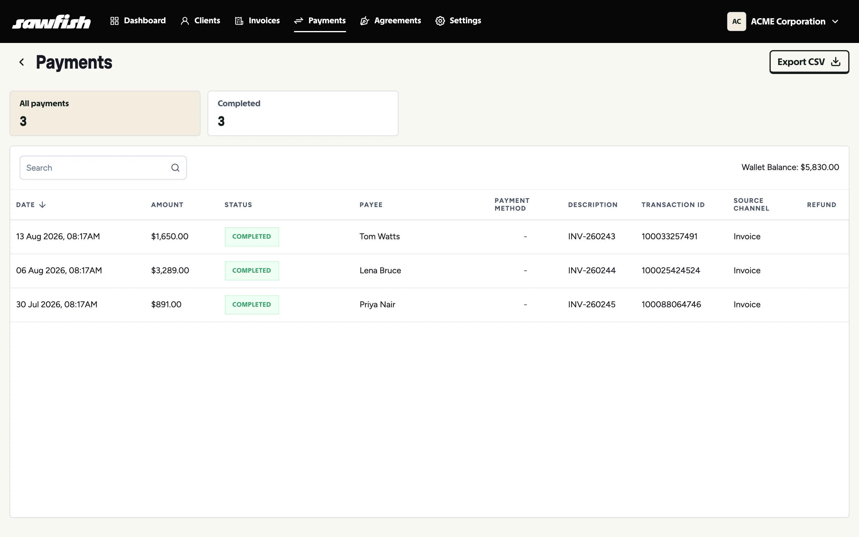 The payments list showing completed payments with transaction IDs