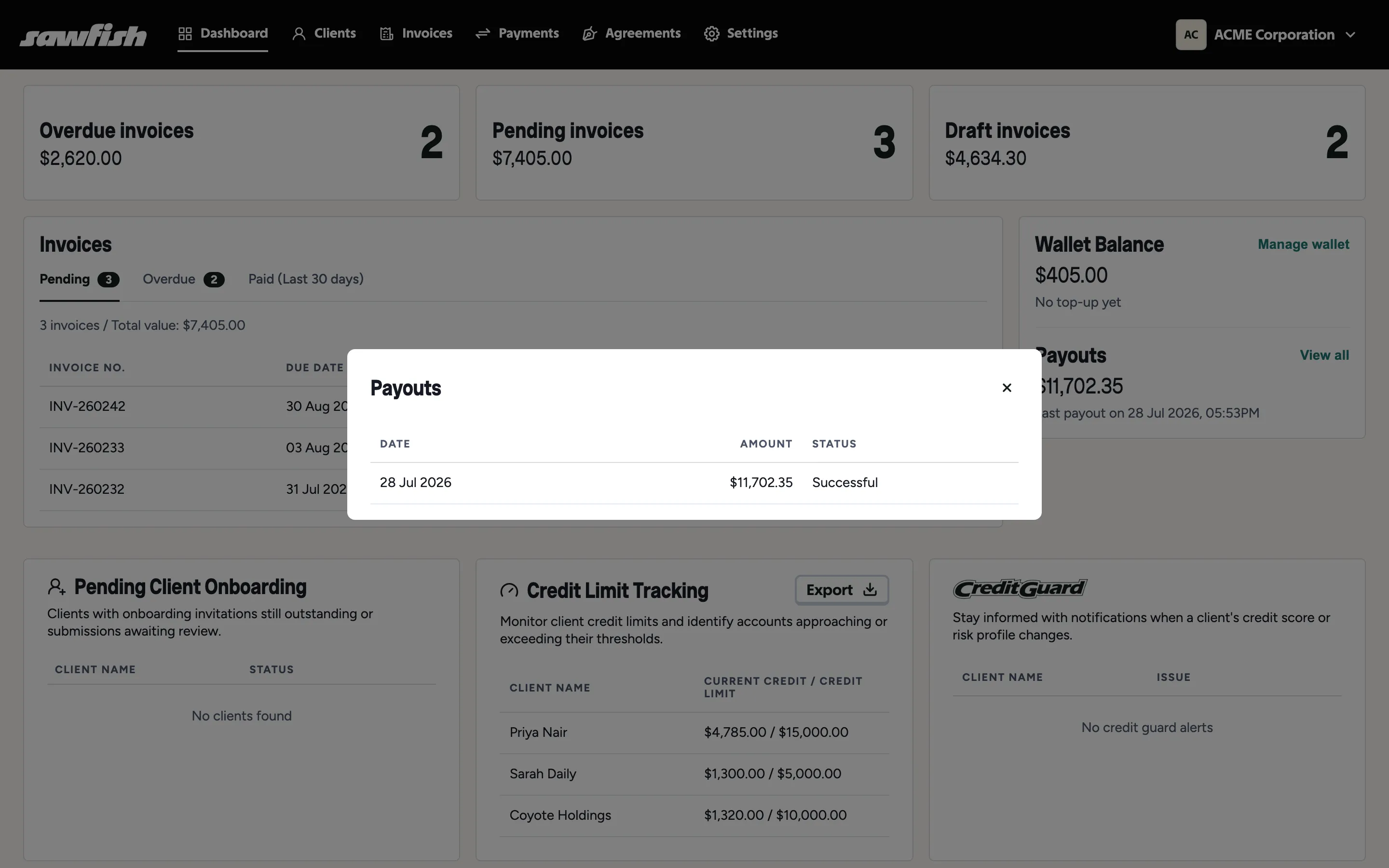 The payouts popup listing payout runs with amounts and status