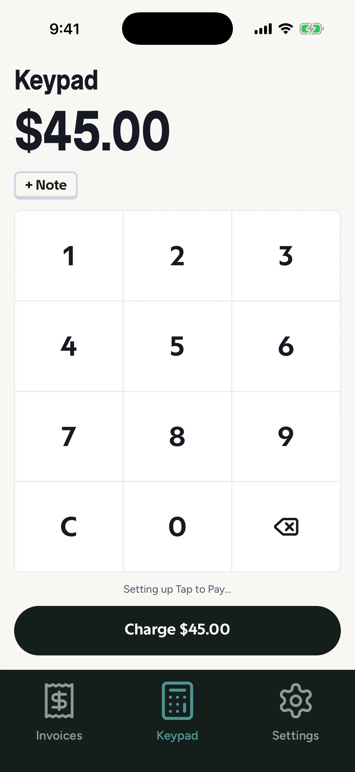 The Point of Sale keypad with an amount entered and the Charge button ready