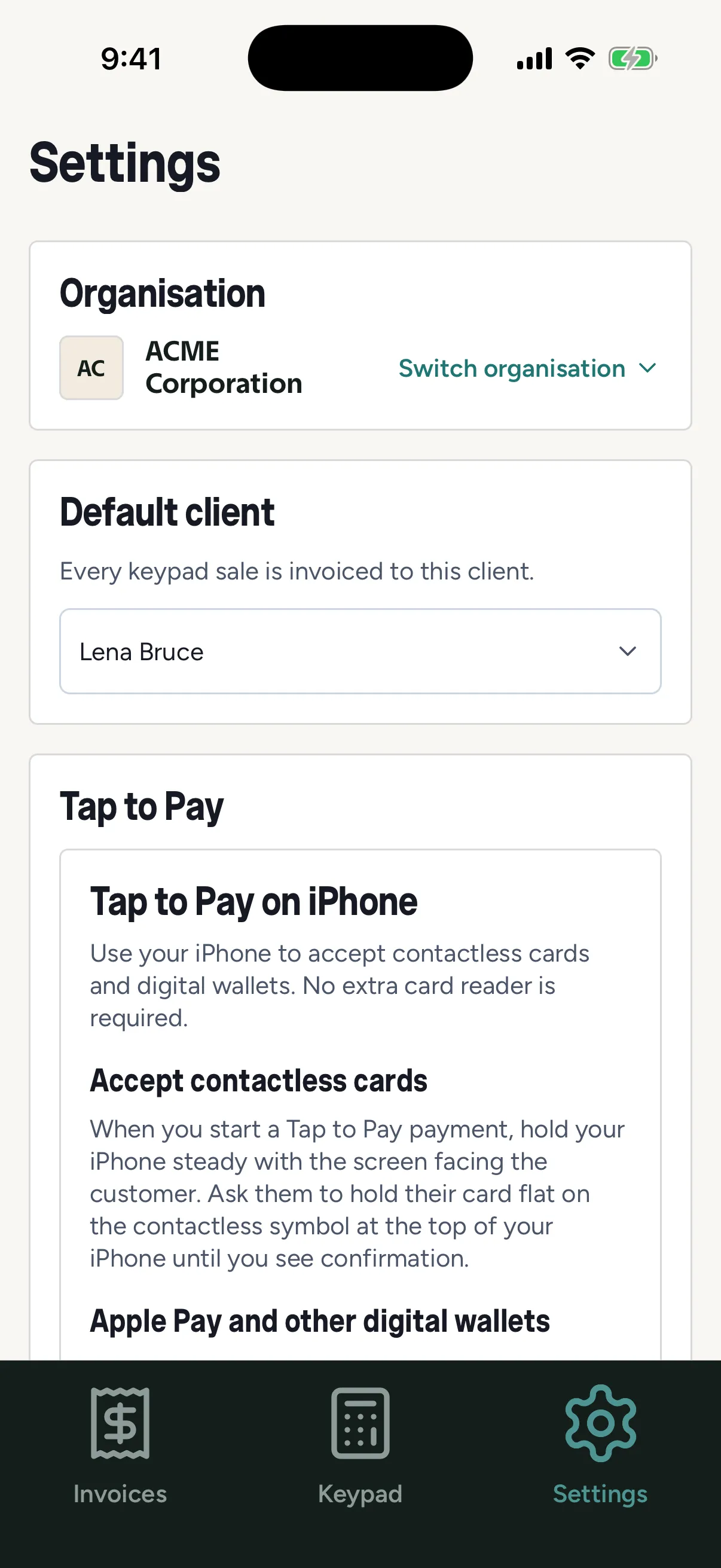 The Point of Sale settings with the organisation, default client and Tap to Pay sections