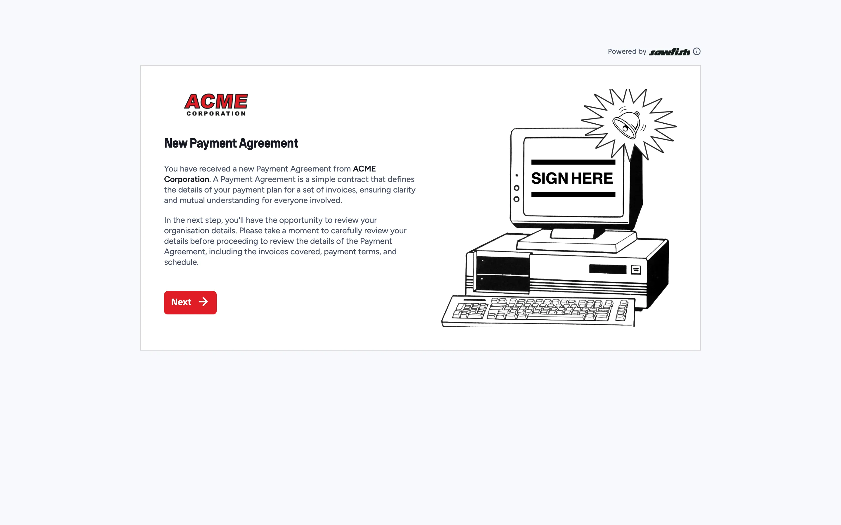 The public agreement welcome screen the client sees