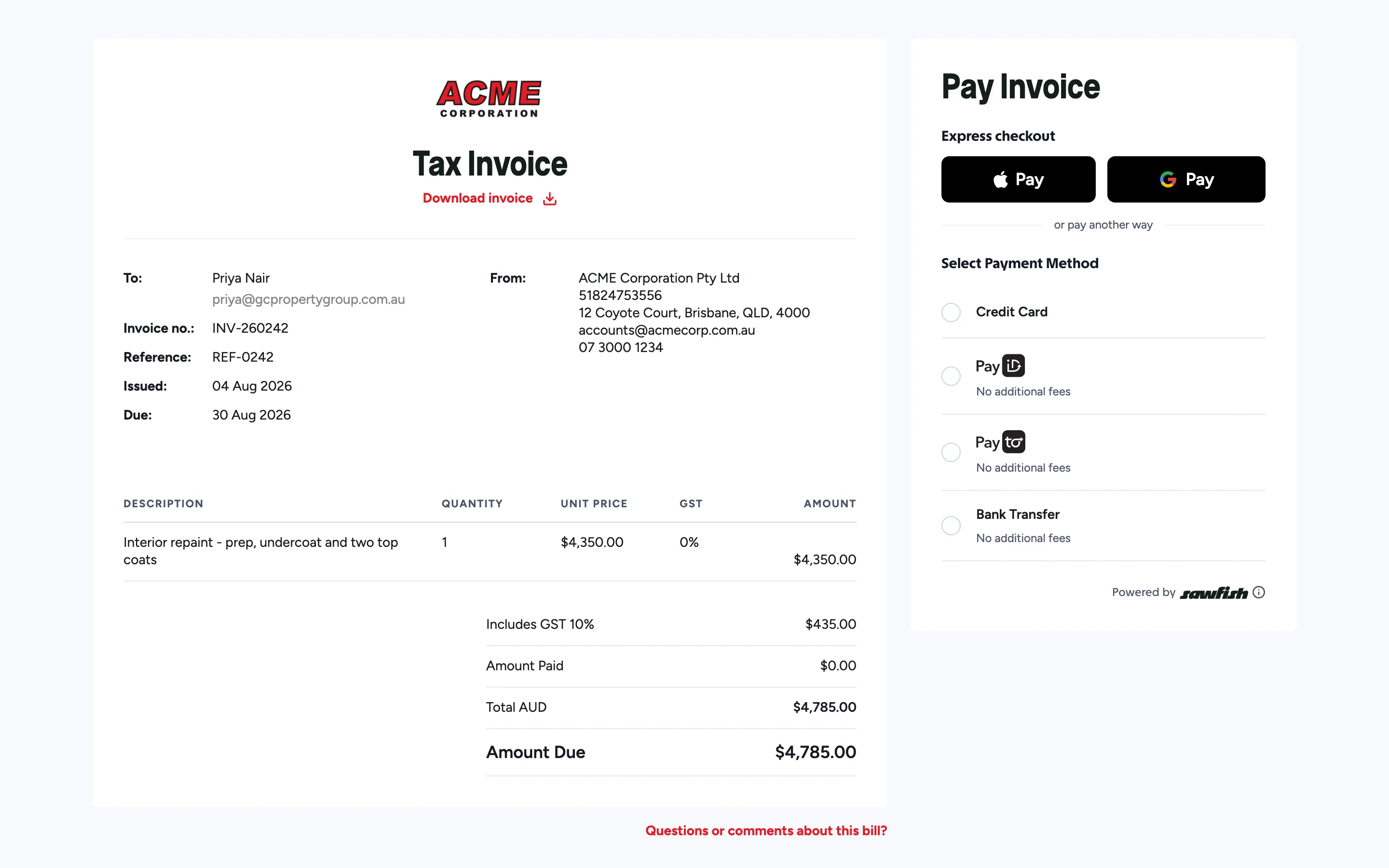 The public invoice page with the payment panel