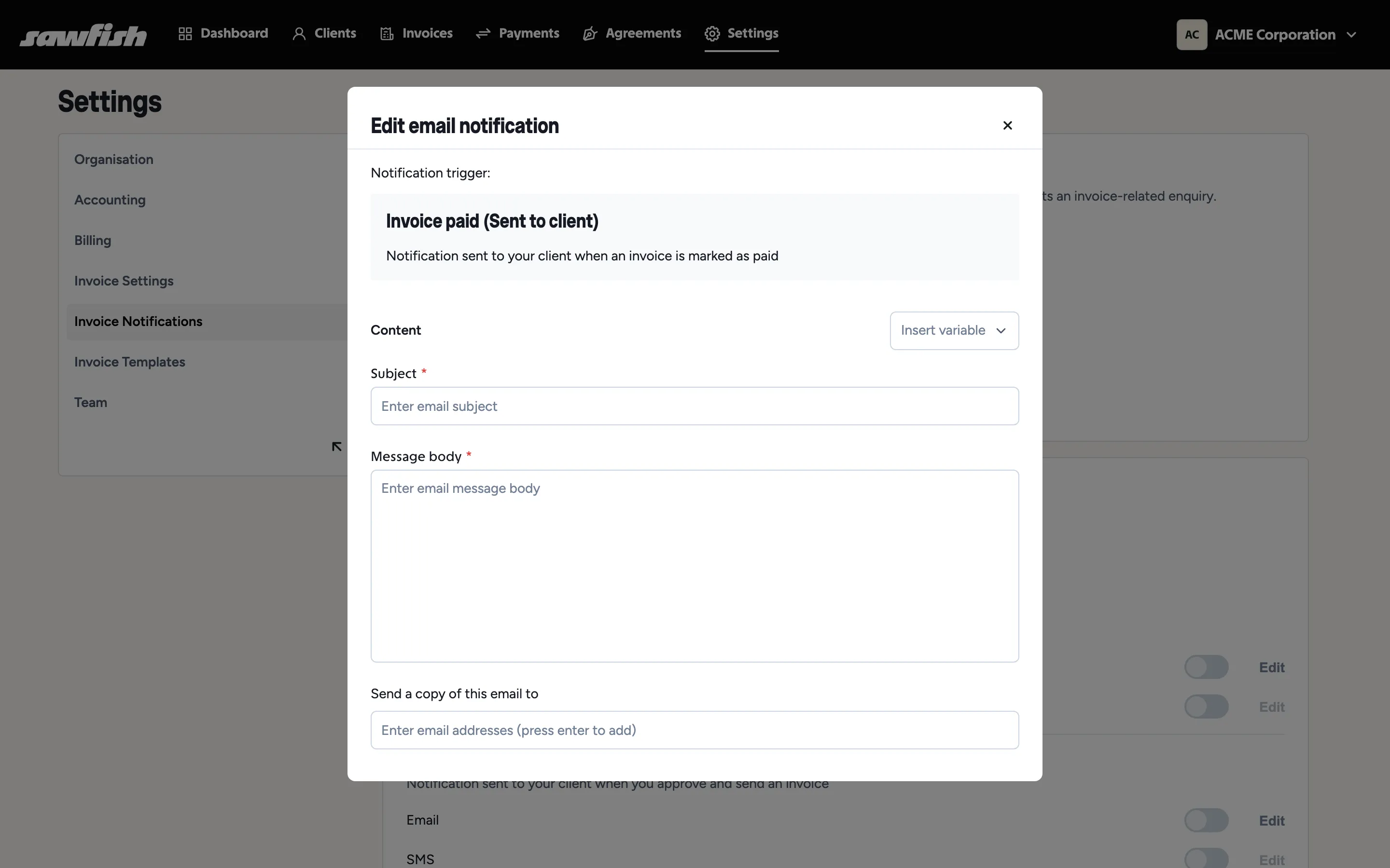 The email editor with the Insert variable menu, subject, body and CC fields