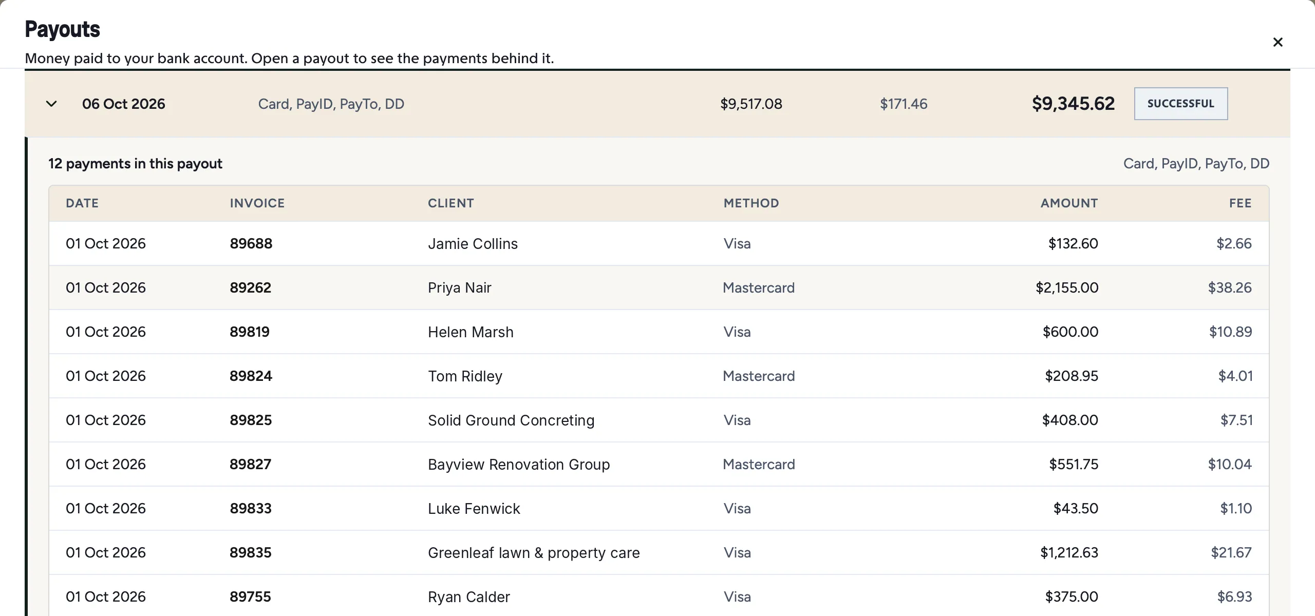 An expanded Sawfish payout listing the payments behind one deposit