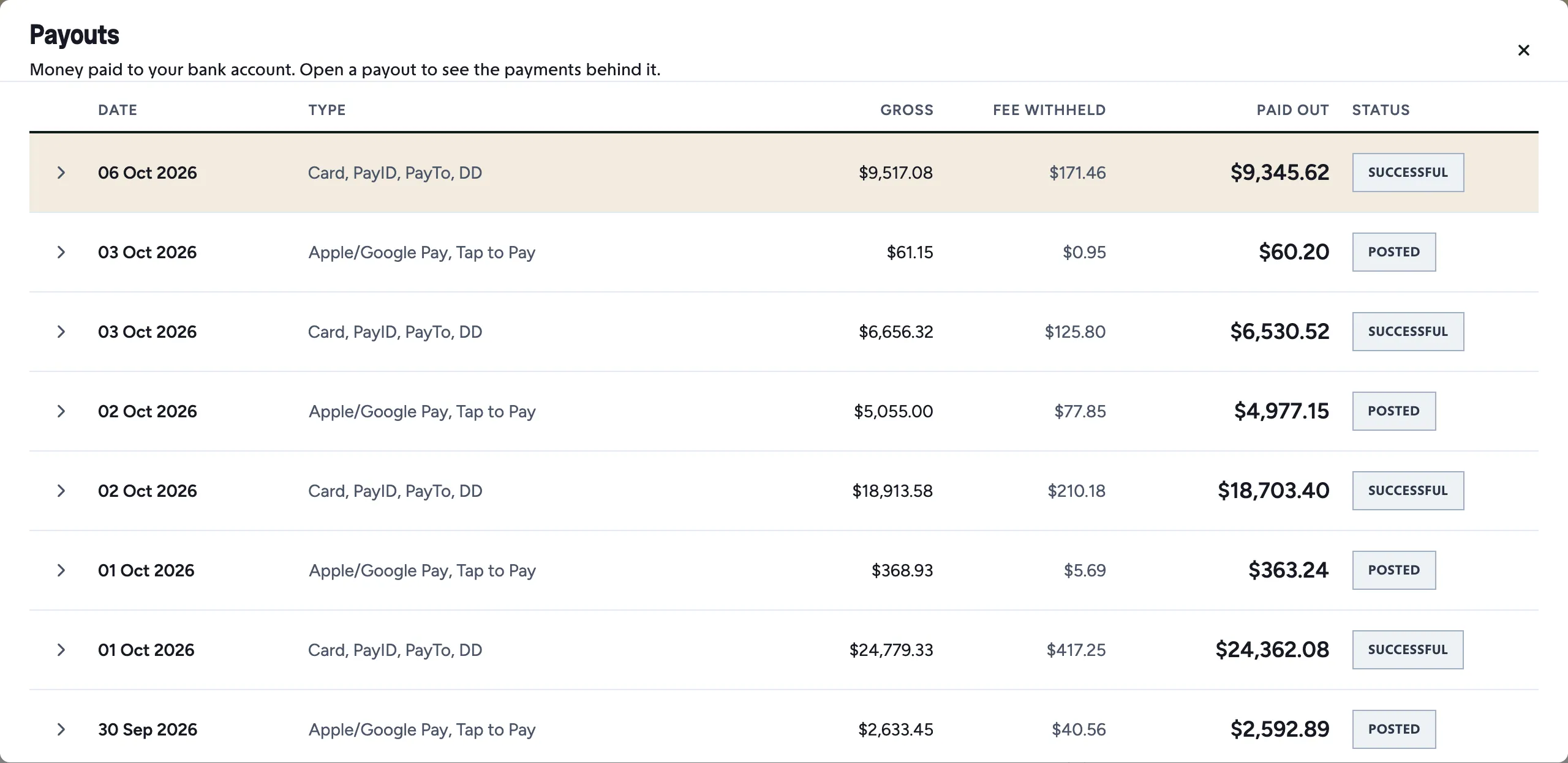 The Sawfish Payouts list showing gross, fee withheld and paid out for each payout