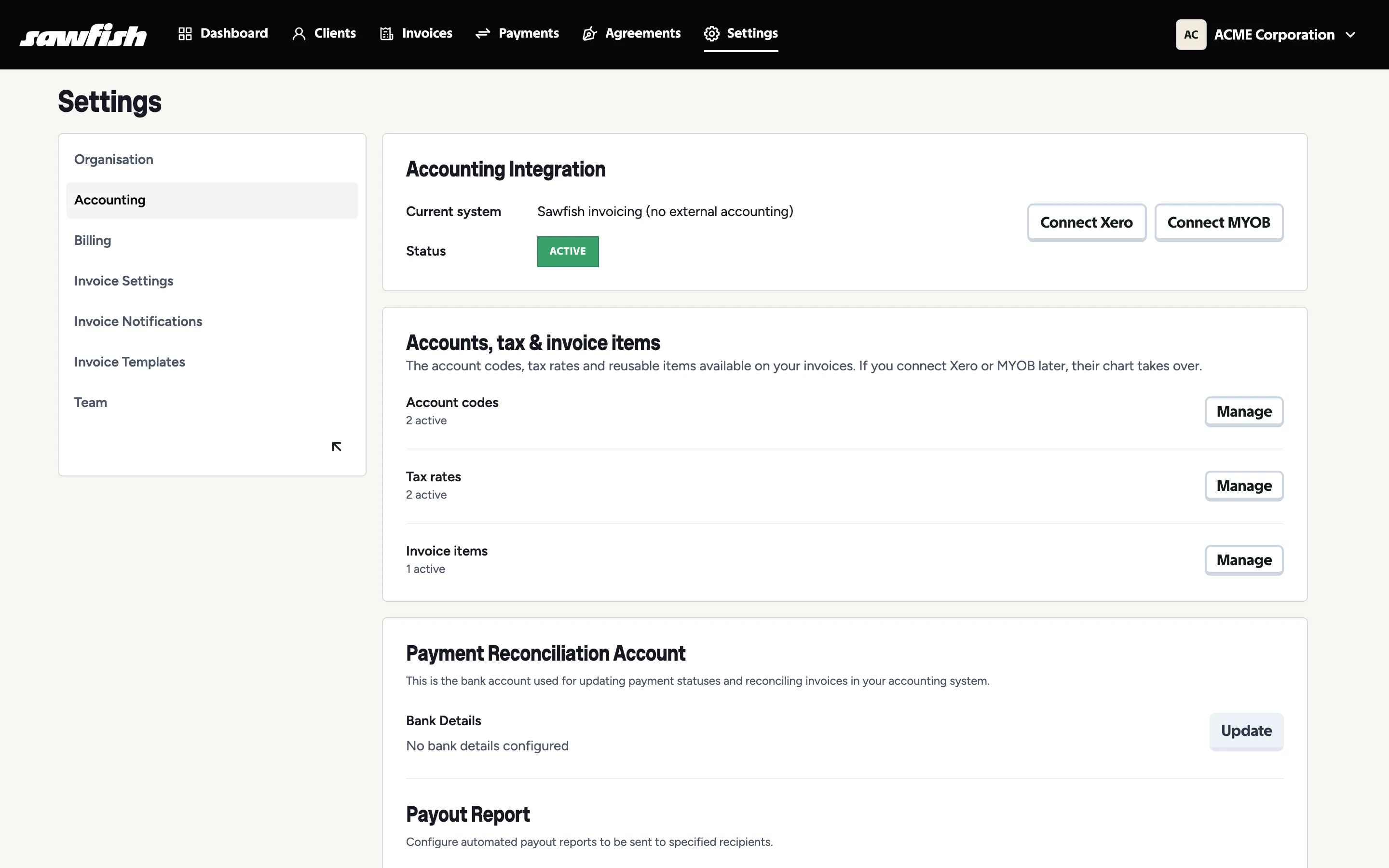 Accounting settings showing the current system and the Connect Xero and Connect MYOB buttons