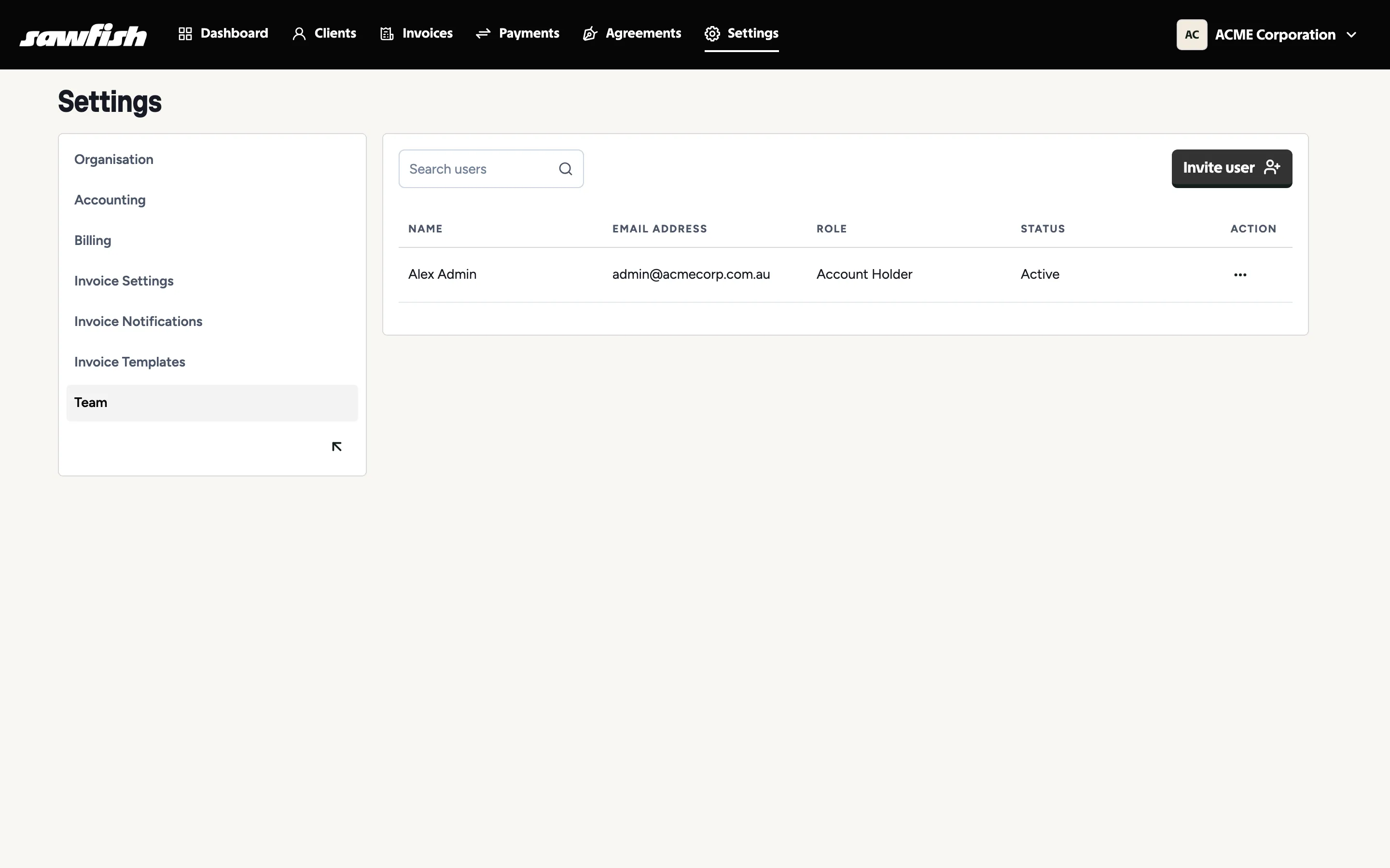 Team settings showing members and their status