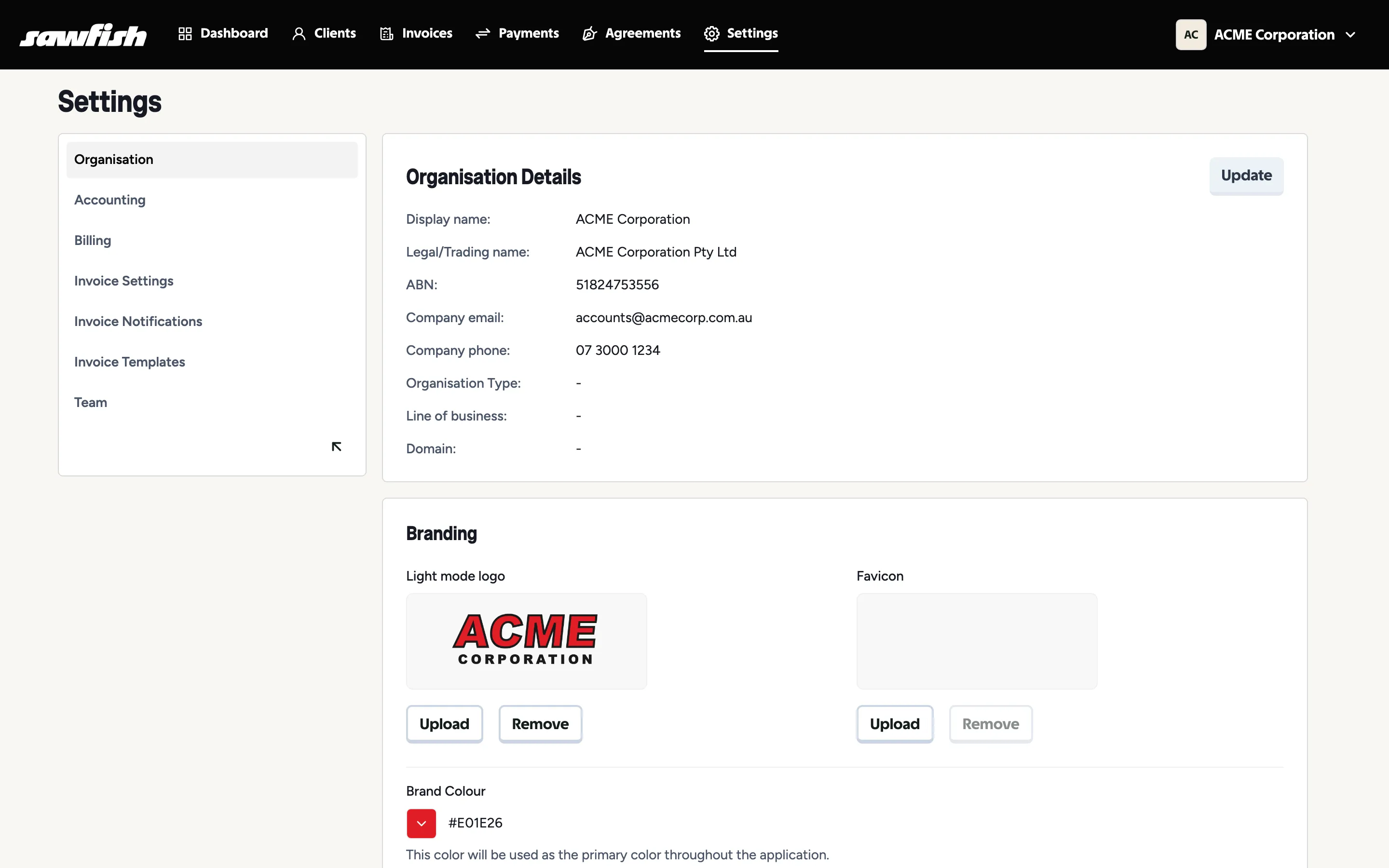 Organisation settings with details and branding