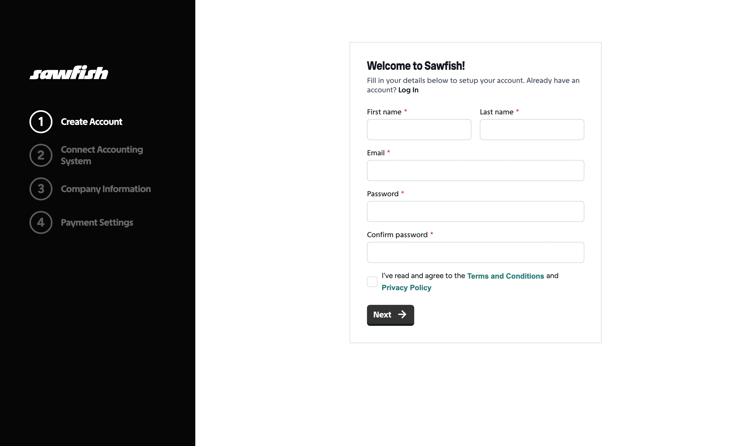 The create account step of Sawfish onboarding