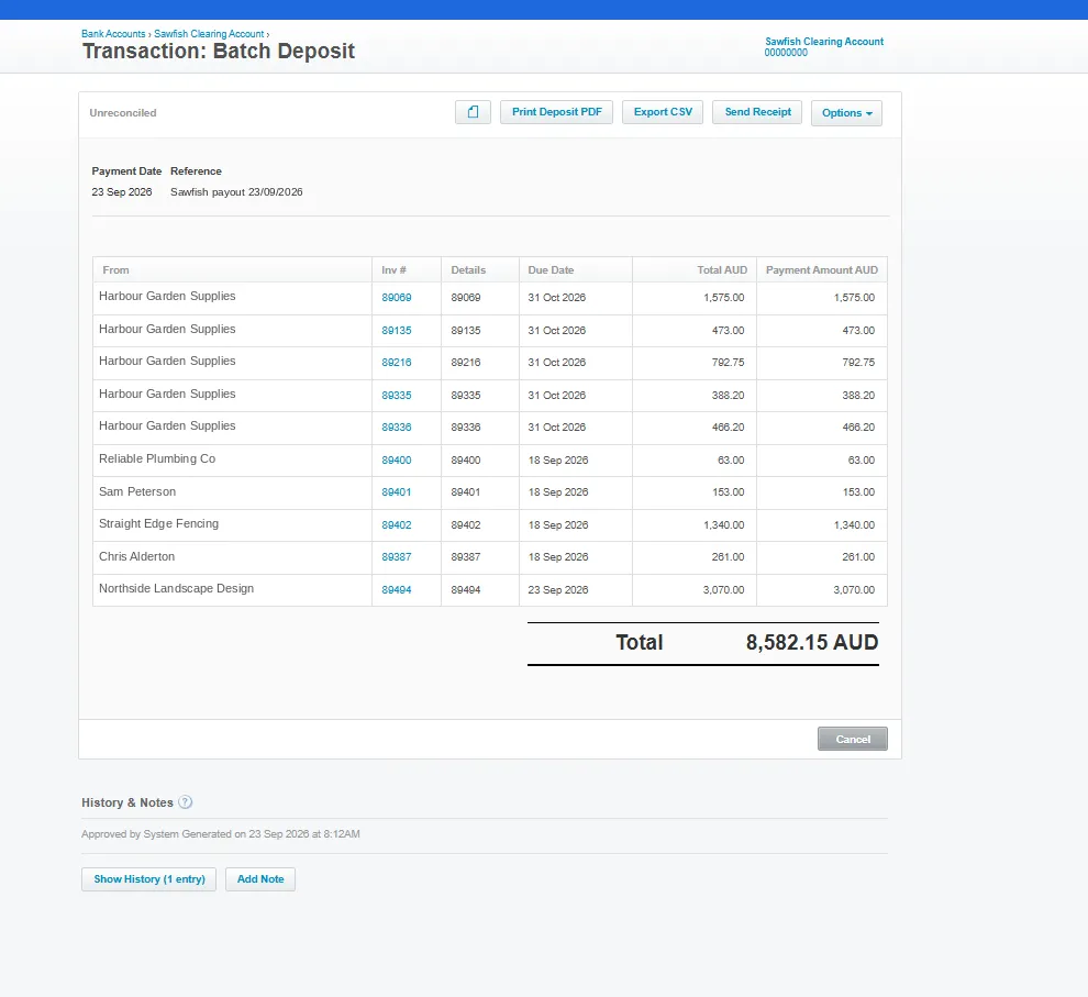 A Xero batch deposit listing each invoice paid in one Sawfish payout