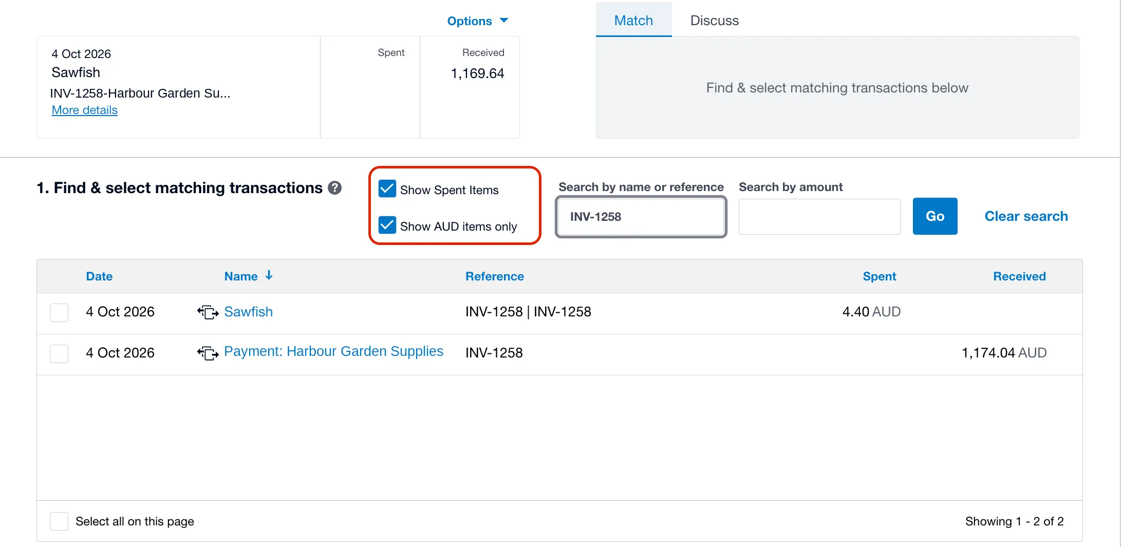 Xero Find & Match showing a Sawfish payment and its fee for one invoice