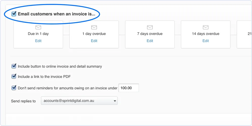 Xero’s invoice reminders setting with the email-customers checkbox highlighted